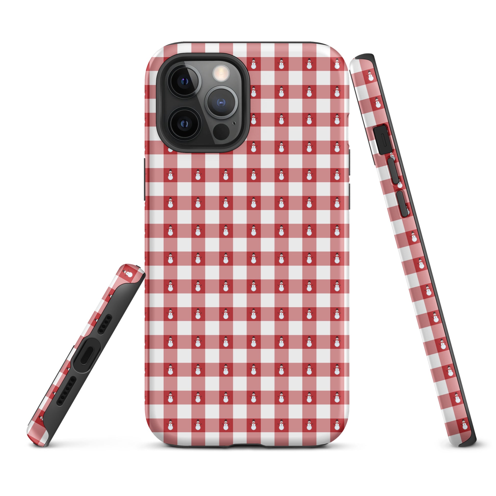 Phone Case for iPhone with snowman gingham winter design, featuring a red and white checkered pattern, providing festive charm and protection.