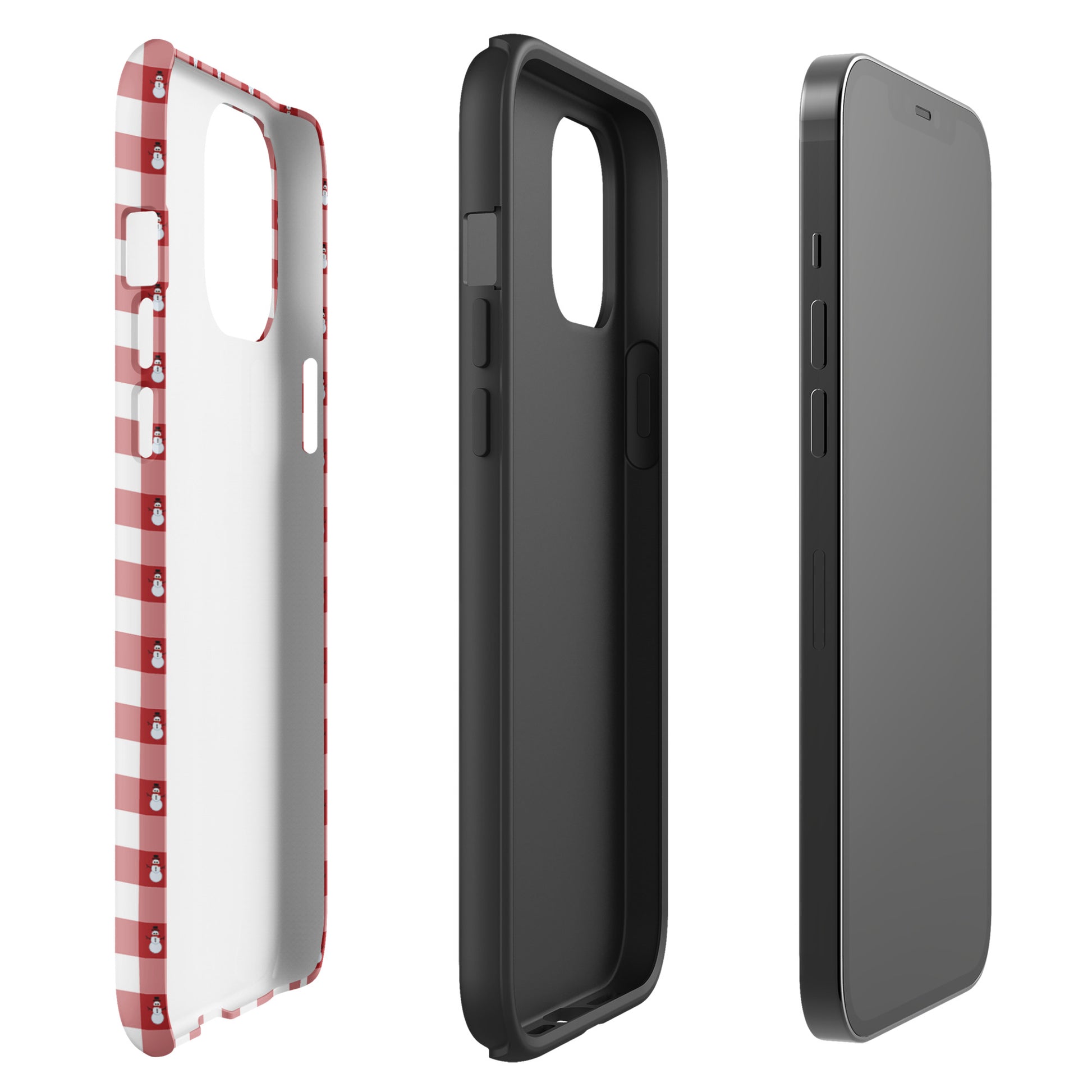 Phone Case for iPhone with red-and-white gingham winter snowman design, showcasing festive style and rugged protection.
