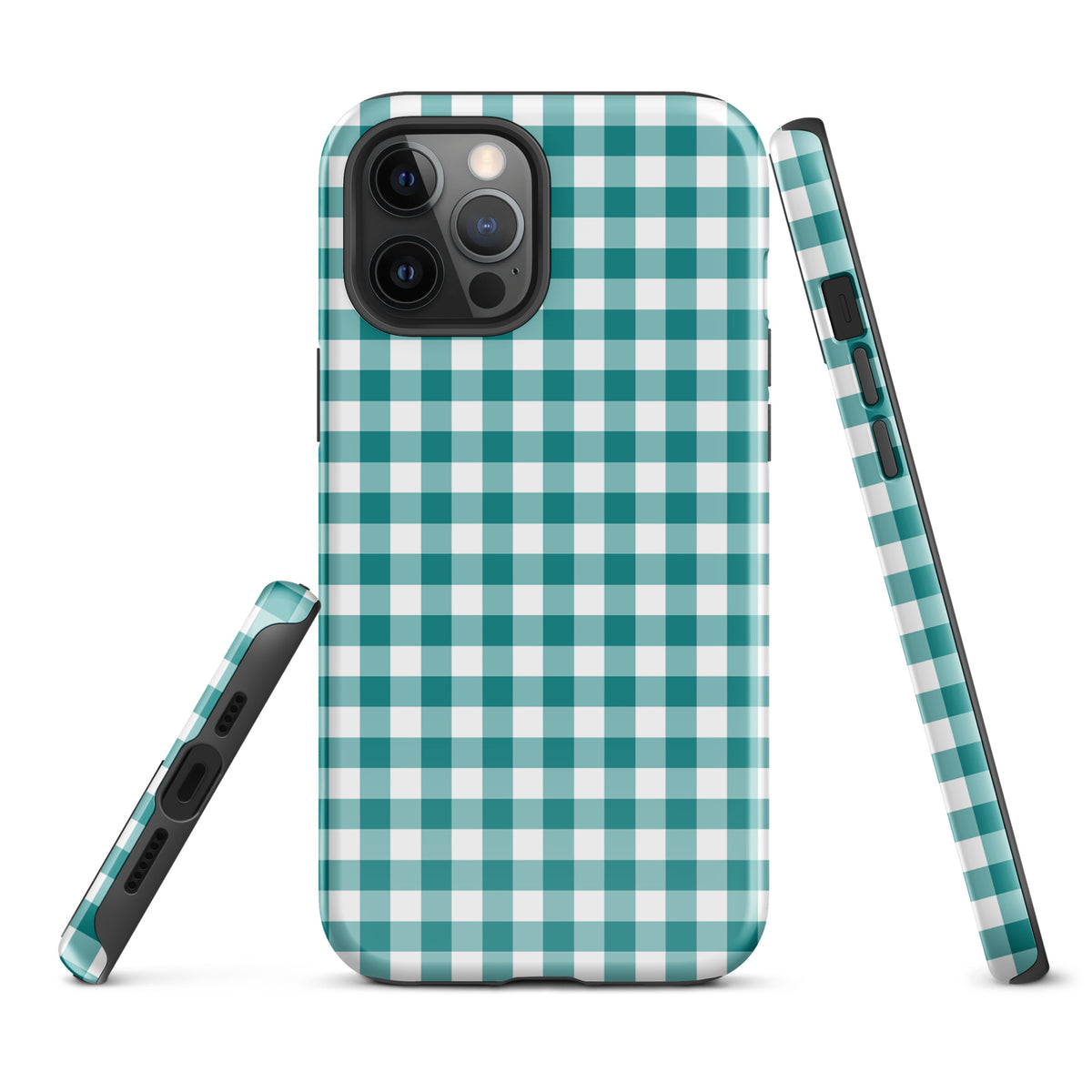Phone Case with teal and white gingham pattern for iPhone offering chic style and durable protection.