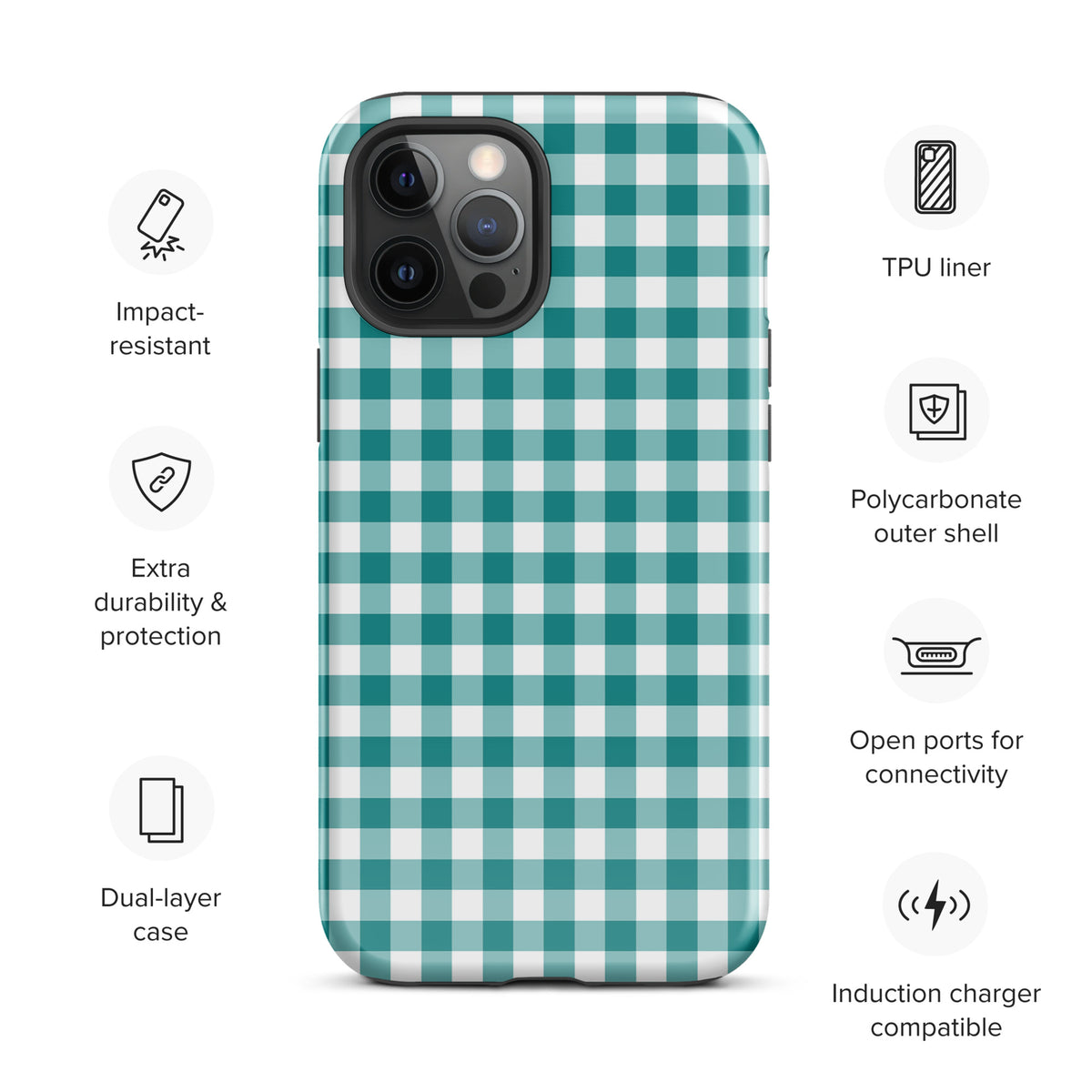 Phone Case with teal and white gingham pattern for iPhone, offering protection and style, featuring impact resistance and open port access.