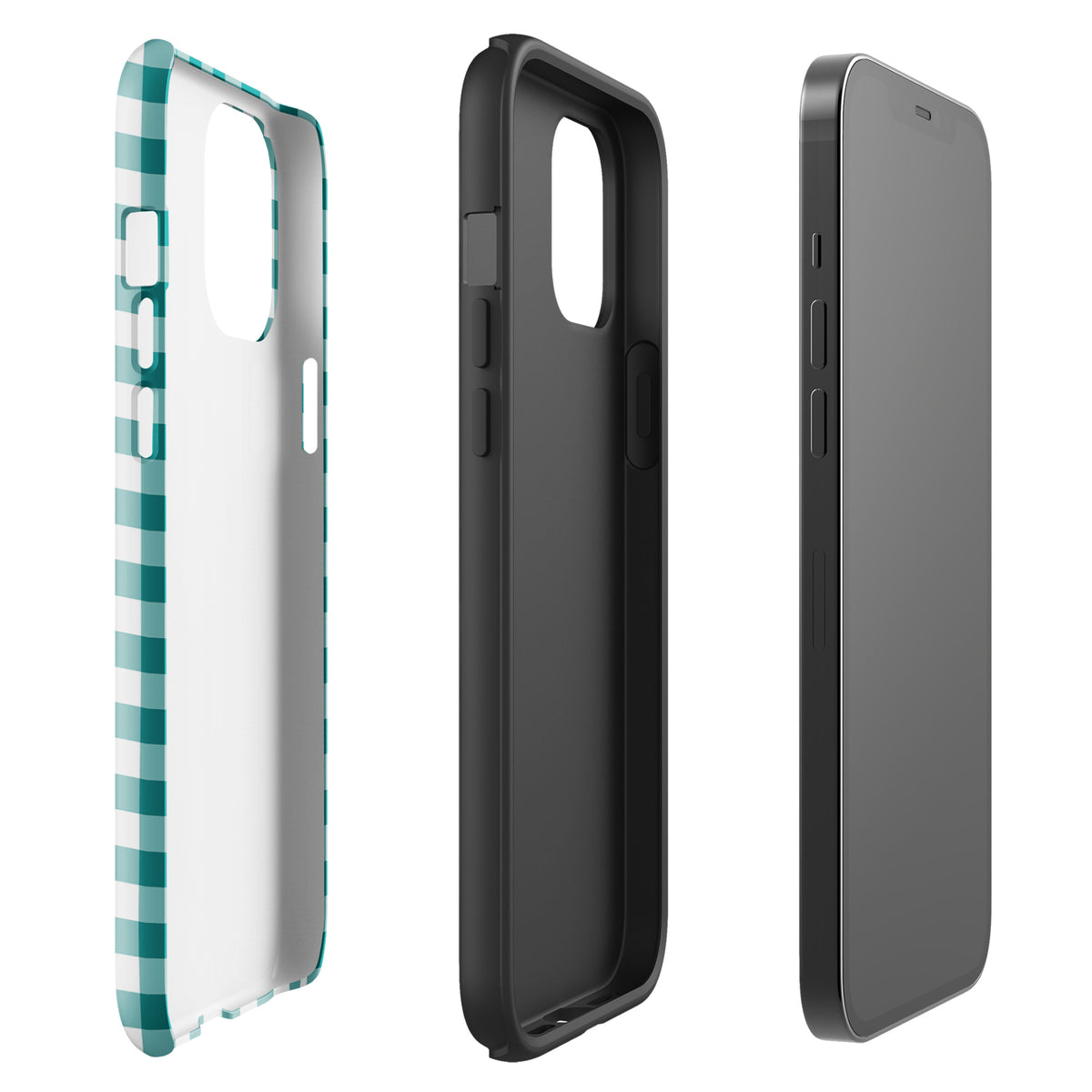 Phone Case for iPhone with teal and white gingham pattern, stylish and durable design showcasing charm and protection.