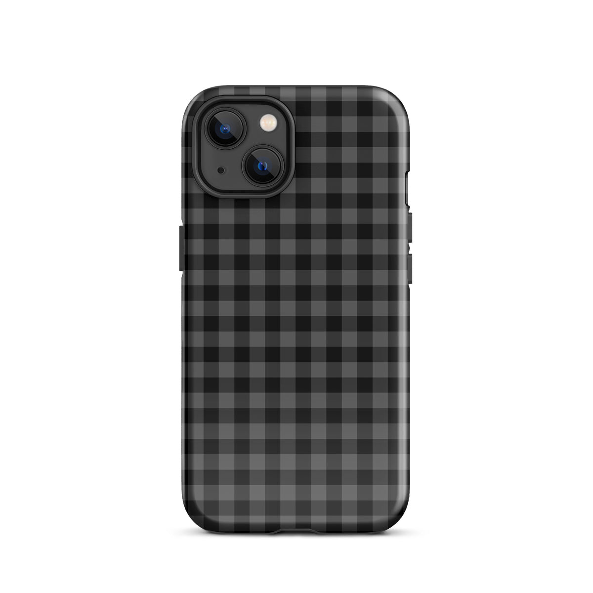 Phone Case with black and charcoal gingham pattern, offering modern style and durable protection for iPhone users.