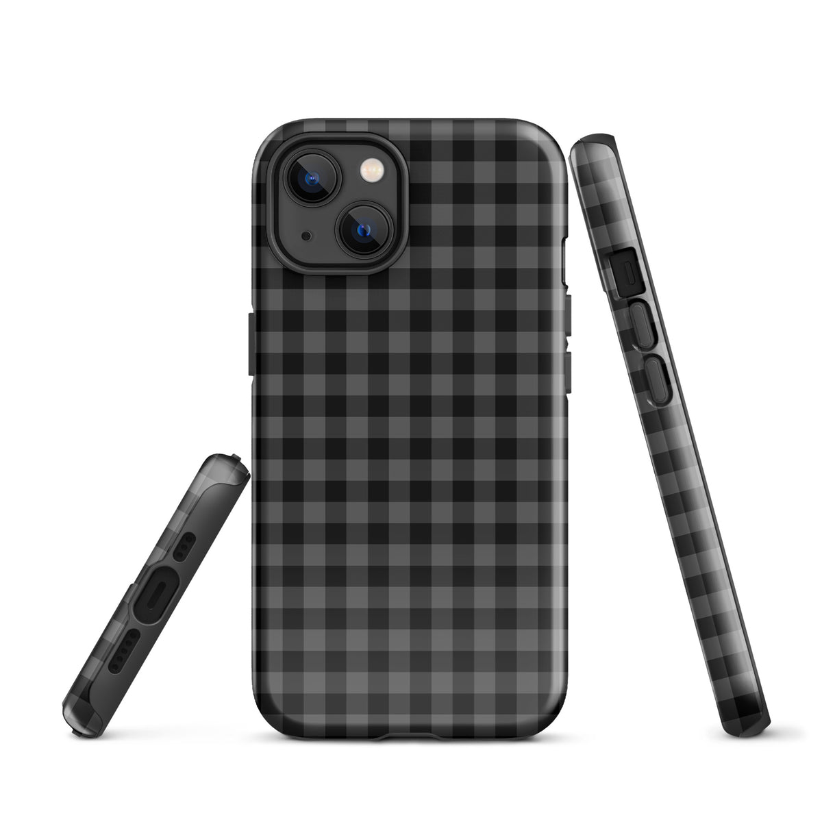 Phone Case for iPhone with black and charcoal gingham pattern, modern style and durable luxury design.