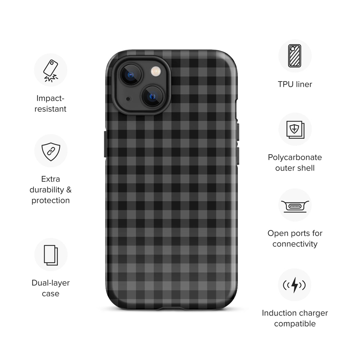 Phone Case with black and charcoal gingham pattern, featuring impact-resistant design, dual-layer protection, and open ports for connectivity.