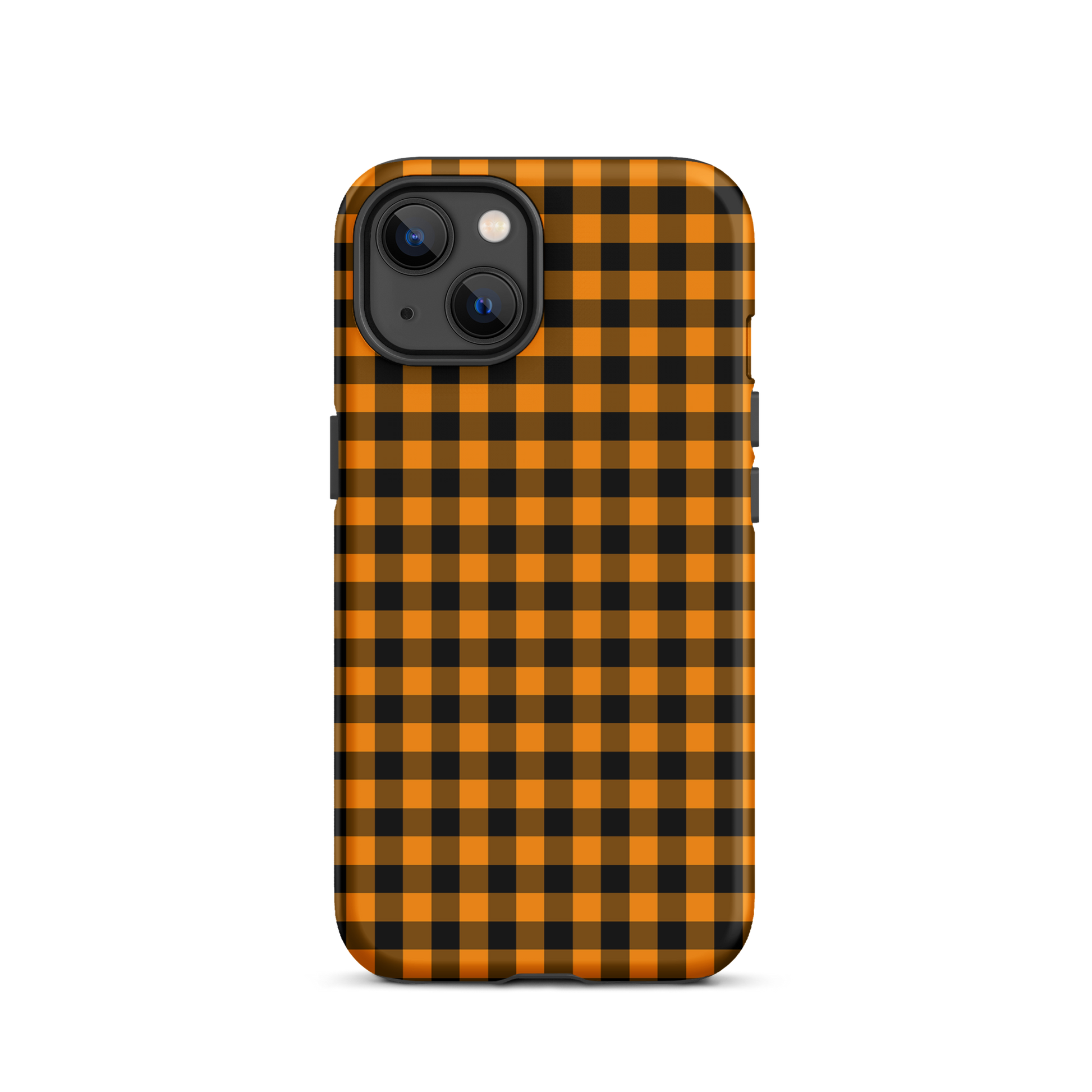 Black-and-orange gingham autumn theme phone case for iPhone, blending playful charm with durable design and upscale craftsmanship.