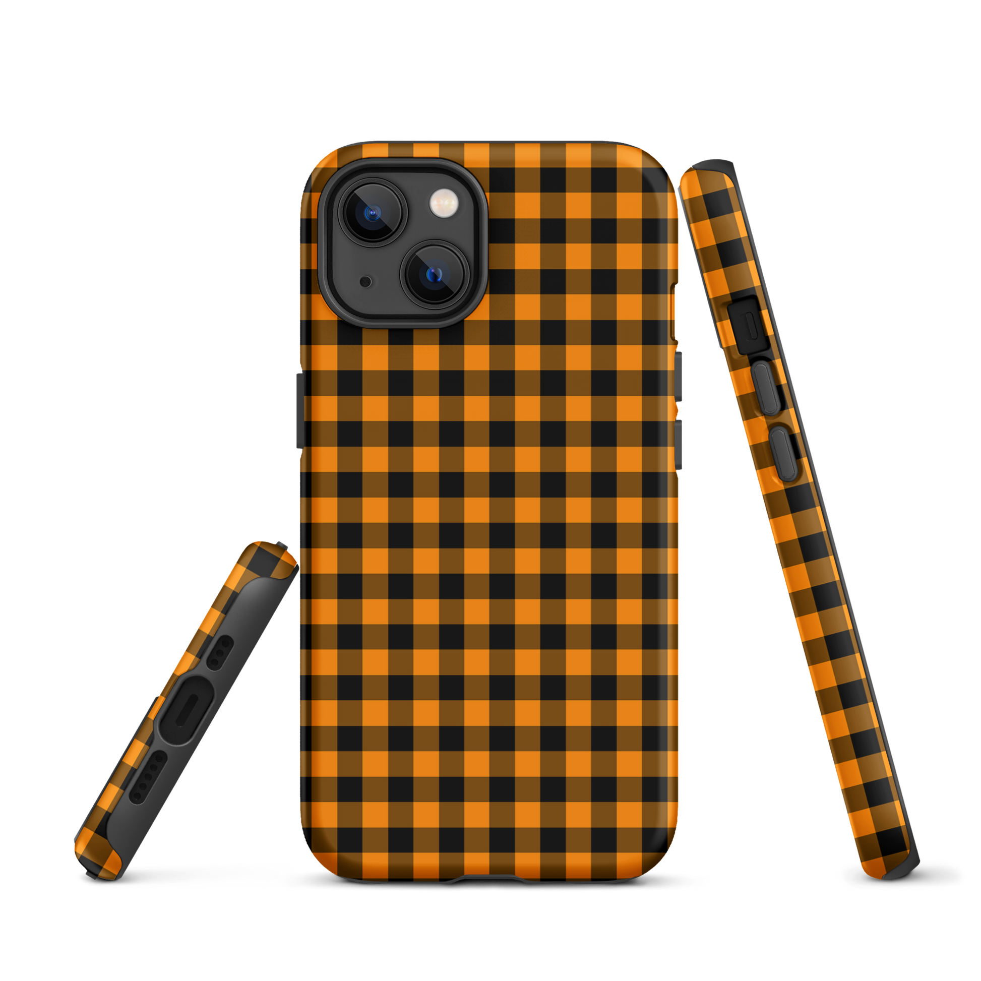 Black-and-orange gingham iPhone phone case with autumn theme, showcasing durable and stylish design.