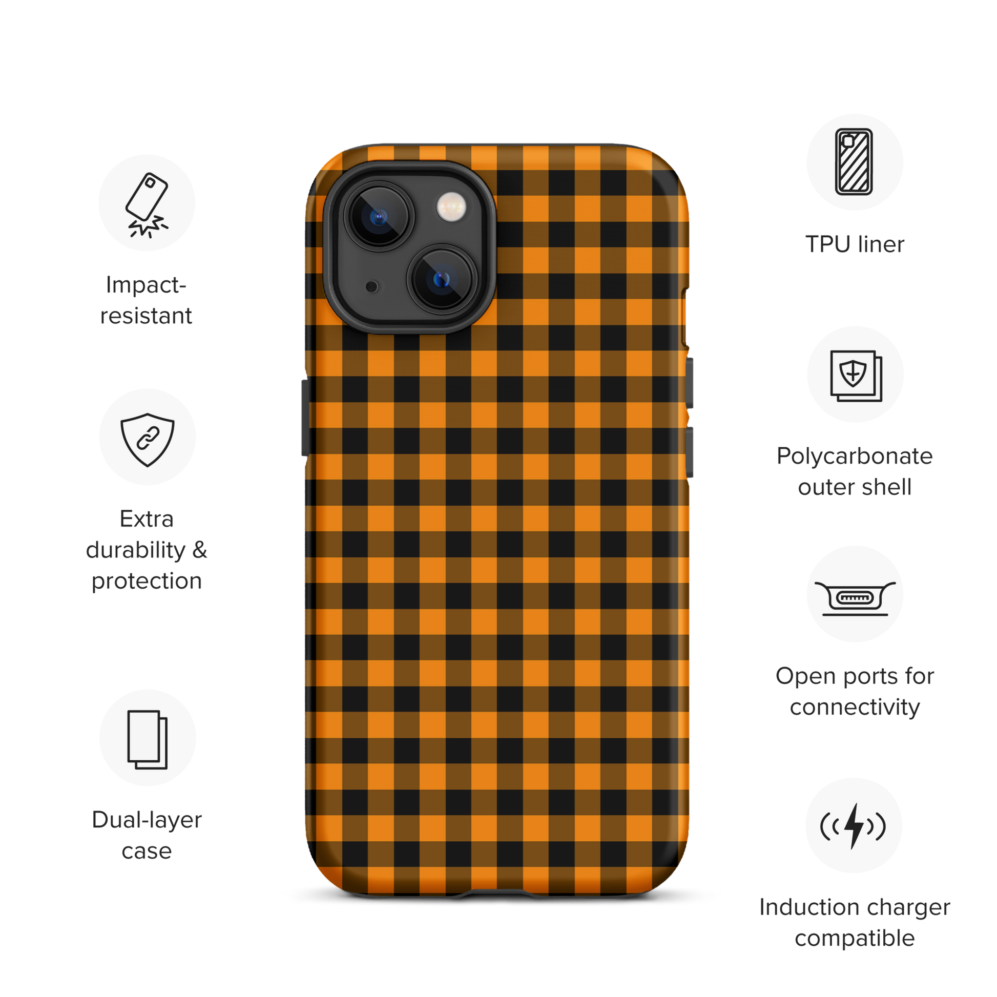 Phone case with black-and-orange gingham pattern for iPhone, Autumn theme, showcasing durability and style.