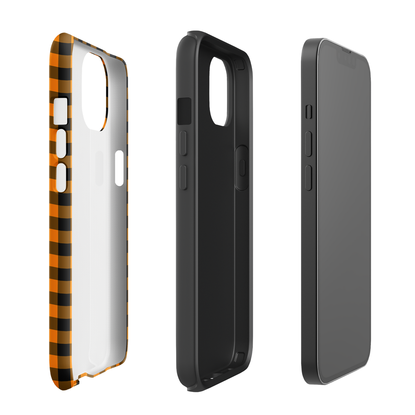 Phone case with black-and-orange gingham autumn theme for iPhone shown in three parts.