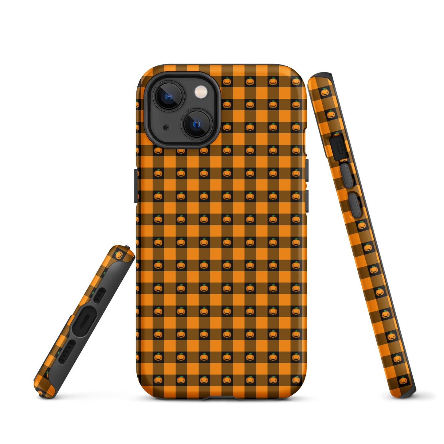 Phone Case for iPhone with playful pumpkin gingham Halloween design, featuring smiling jack-o’-lanterns on an orange and black checkered pattern.
