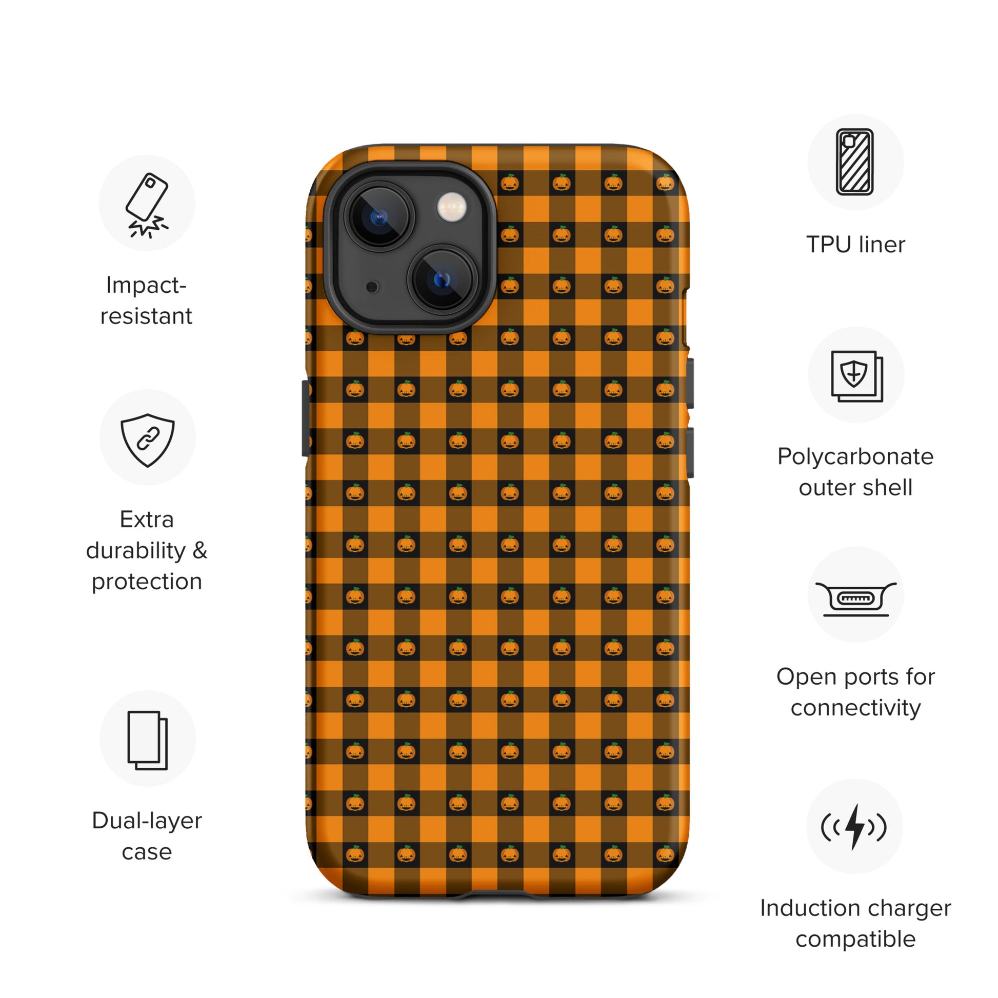 Phone Case for iPhone with playful pumpkin gingham Halloween design, featuring jack-o’-lantern faces on a festive accessory, case details shown.