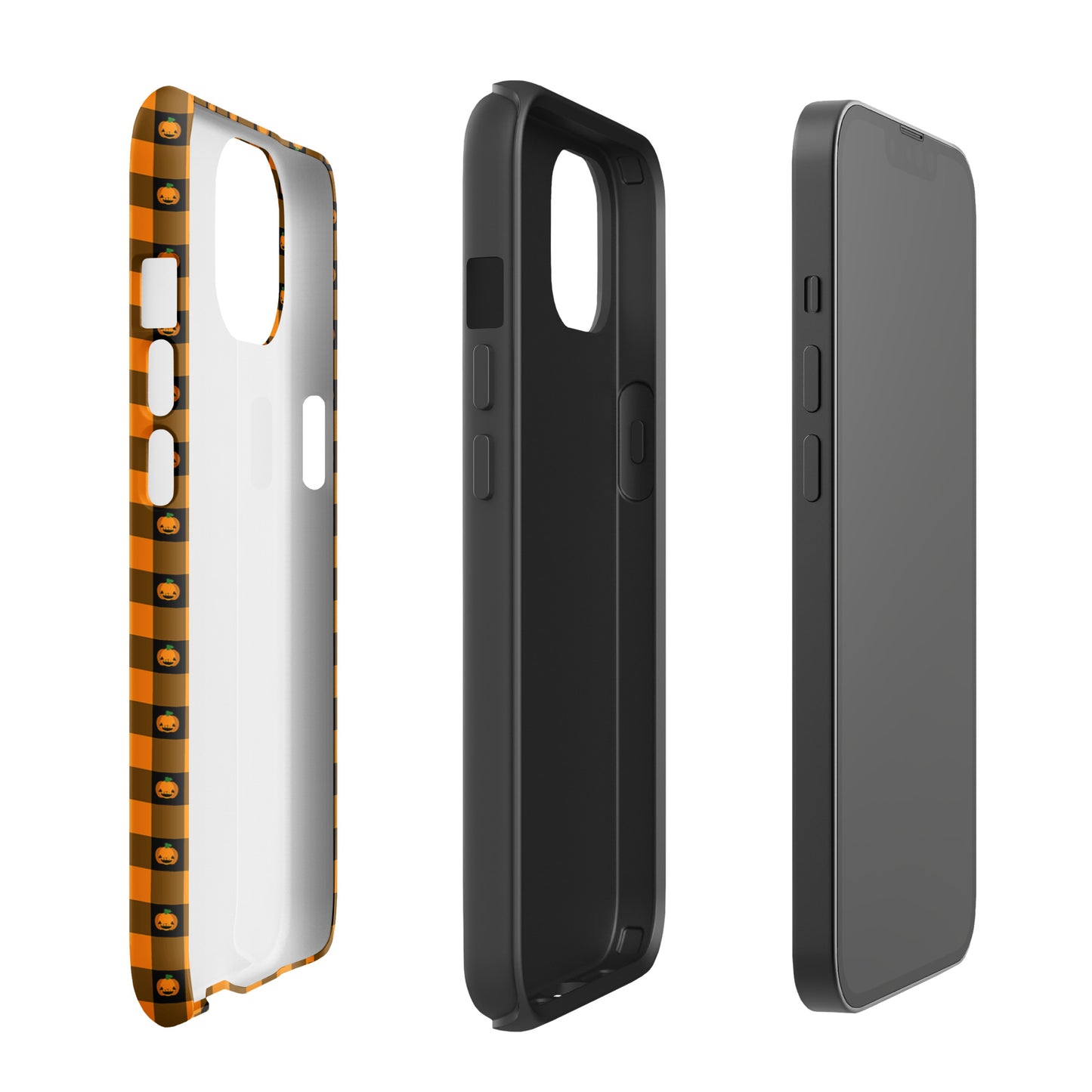 Phone Case for iPhone - Playful Pumpkin Gingham Halloween design with jack-o'-lantern faces and gingham pattern in three views