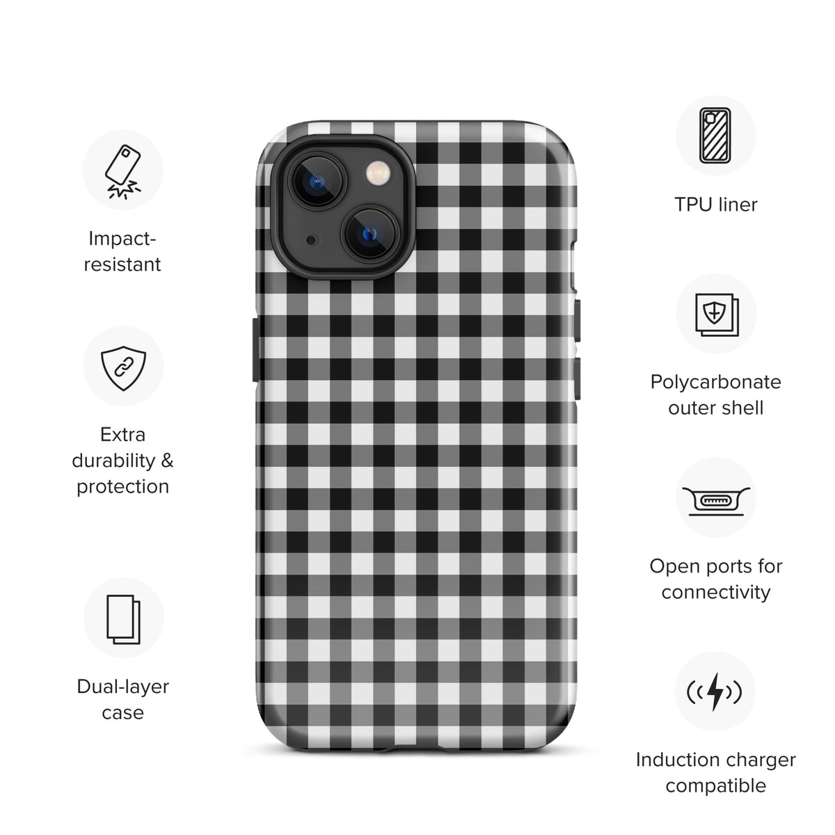 Phone Case with black-and-white gingham pattern for iPhone, offering impact resistance and dual-layer protection.