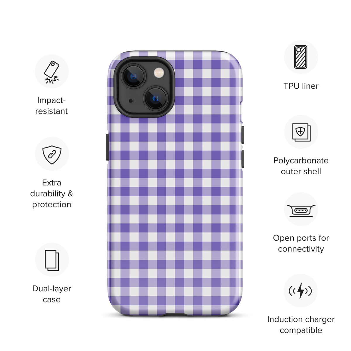 Phone Case with purple and white gingham pattern for iPhone, featuring impact-resistant design and dual-layer protection.