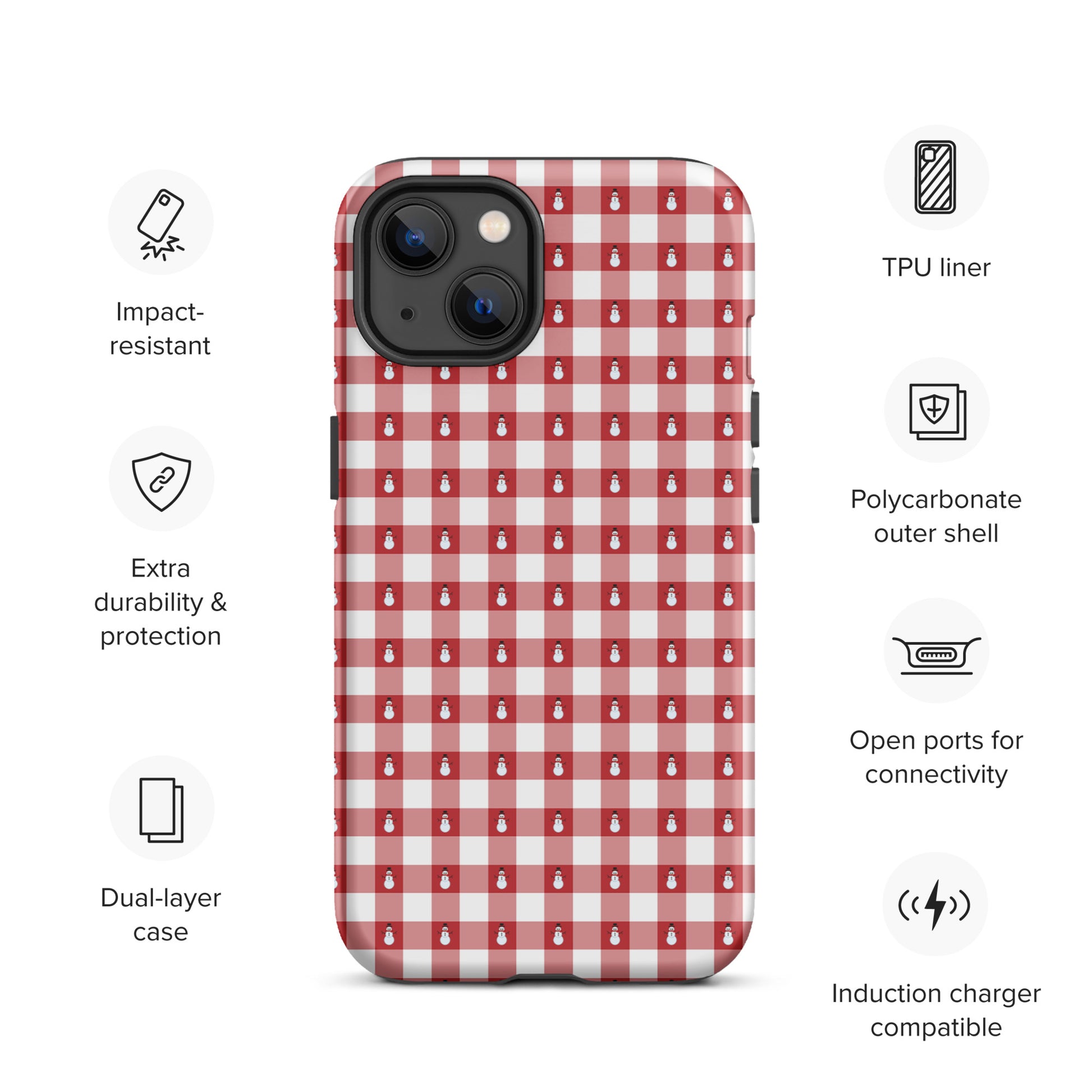 Phone Case for iPhone with snowman gingham winter design, red-and-white pattern, impact-resistant dual-layer protection.
