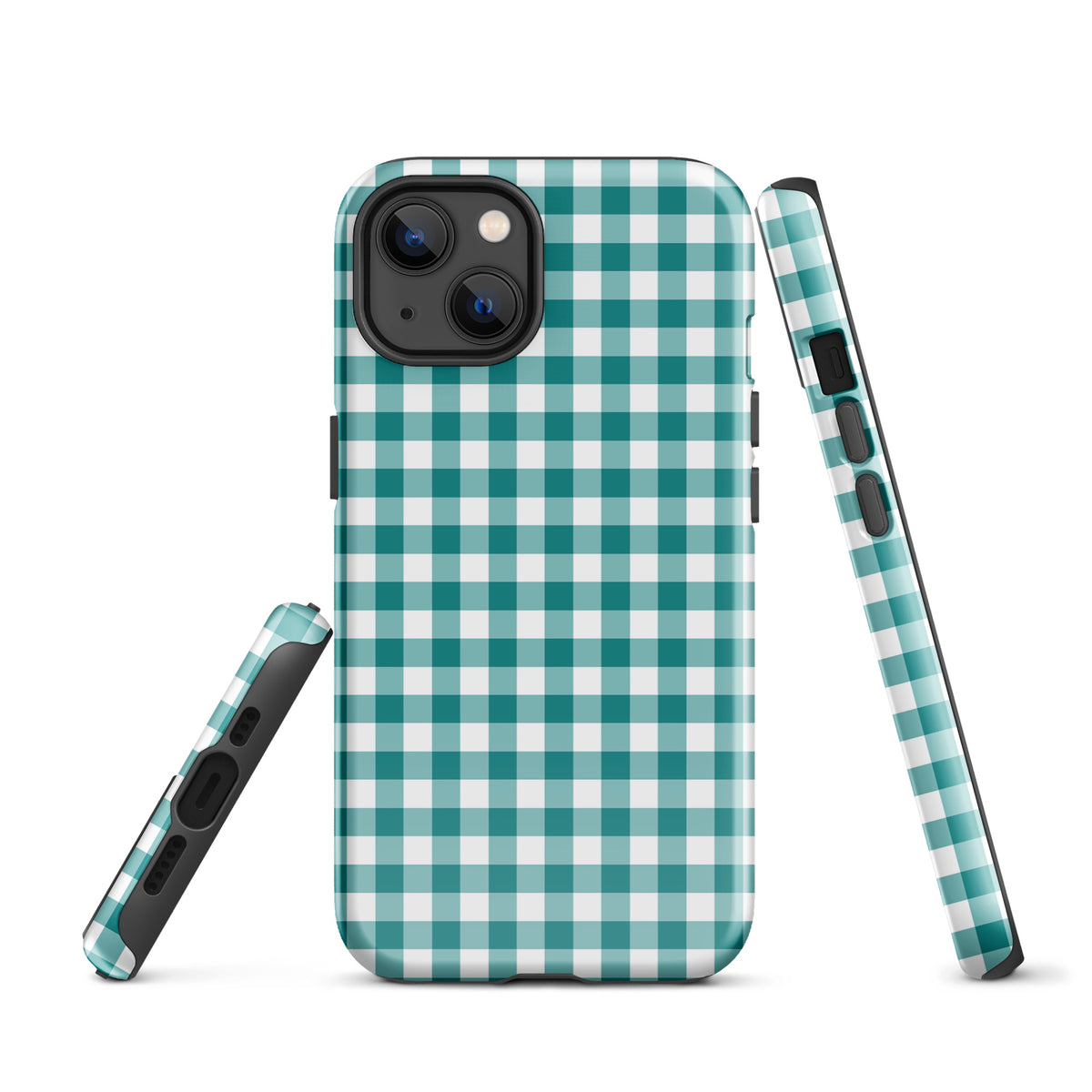 Phone Case for iPhone with teal and white gingham pattern, showcasing stylish protection.