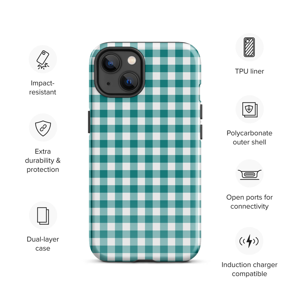 Phone Case for iPhone in teal and white gingham pattern offering impact resistance and dual-layer protection.