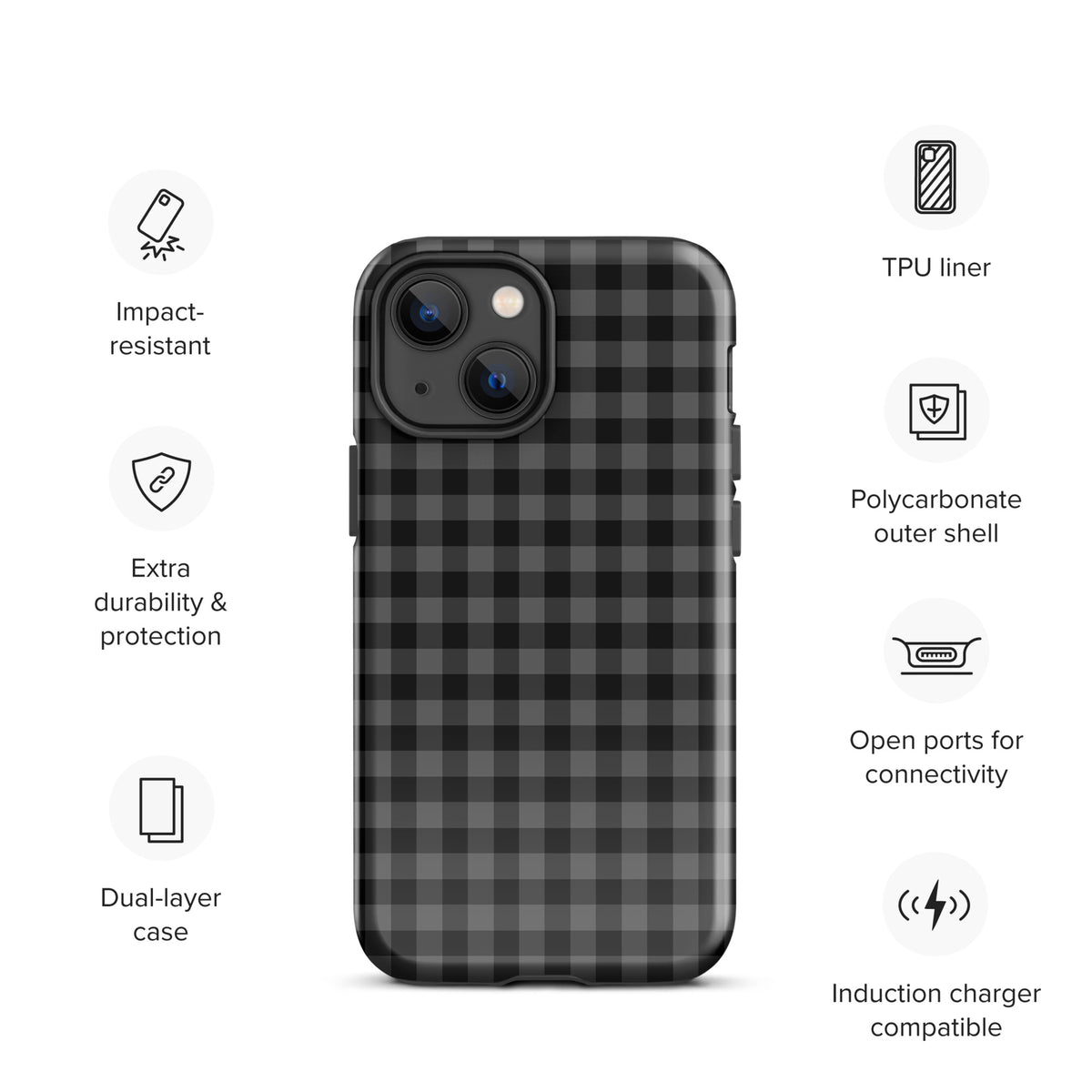 Phone Case for iPhone with black-charcoal gingham pattern, impact-resistant polycarbonate shell, induction charger compatible.