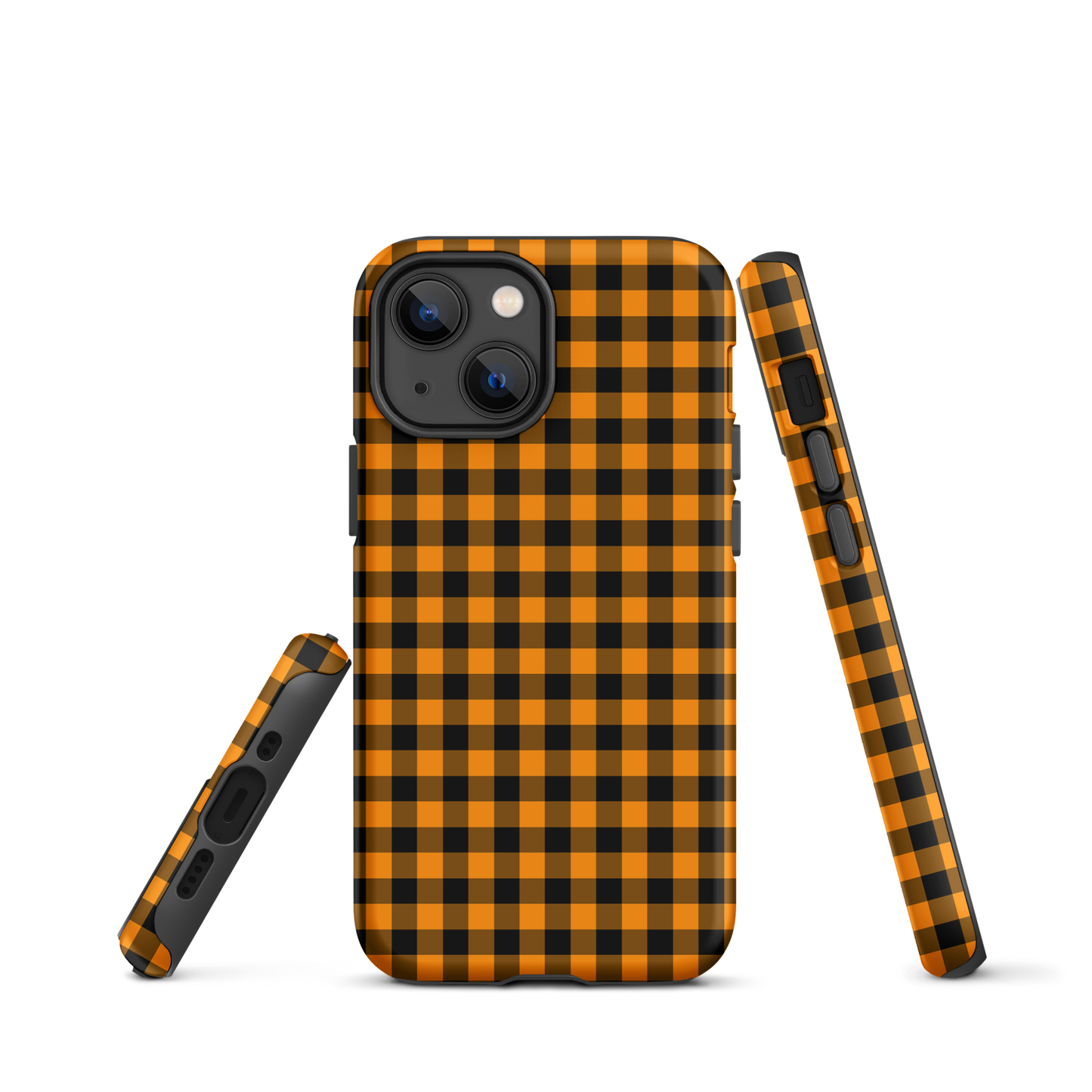 Black-and-orange gingham phone case for iPhone with autumn theme, durable and stylish design.
