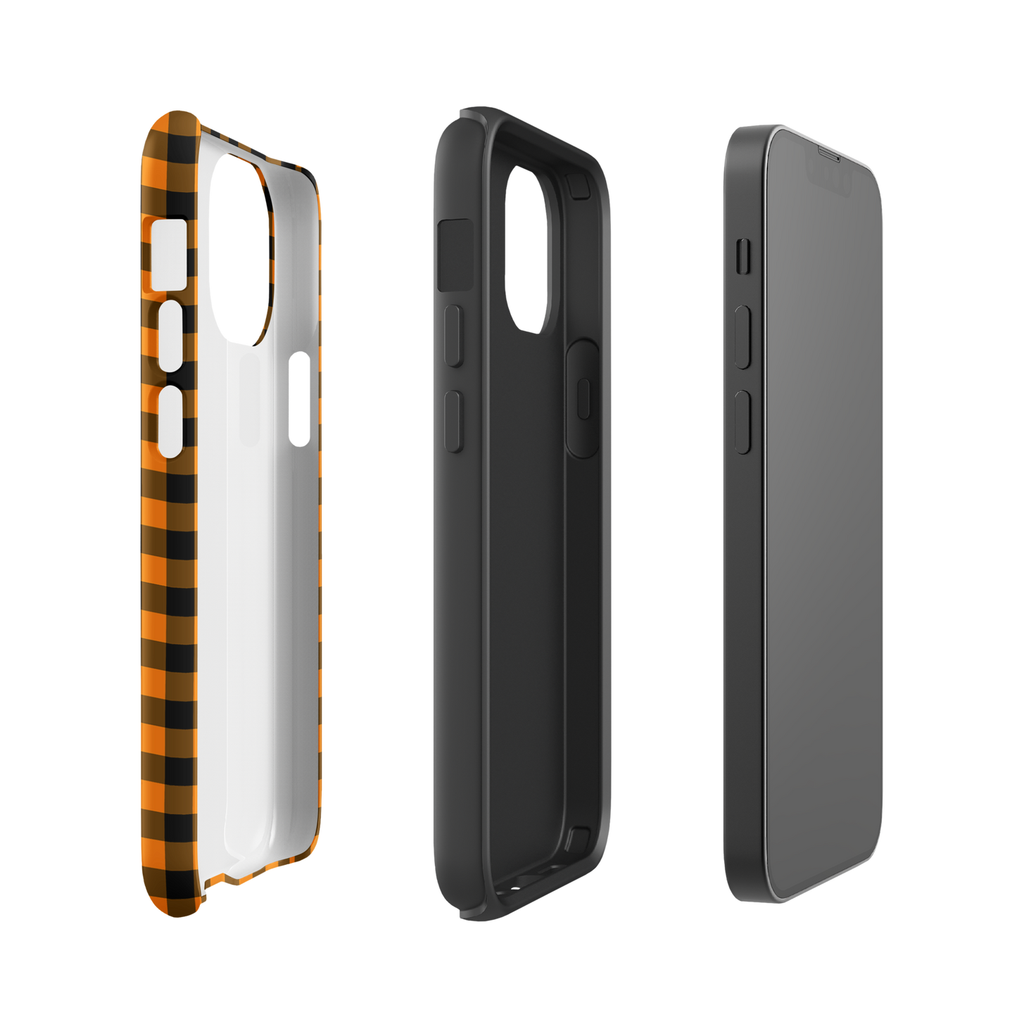 Black-and-orange gingham phone case for iPhone with modern autumn theme, showcasing durability and chic design.