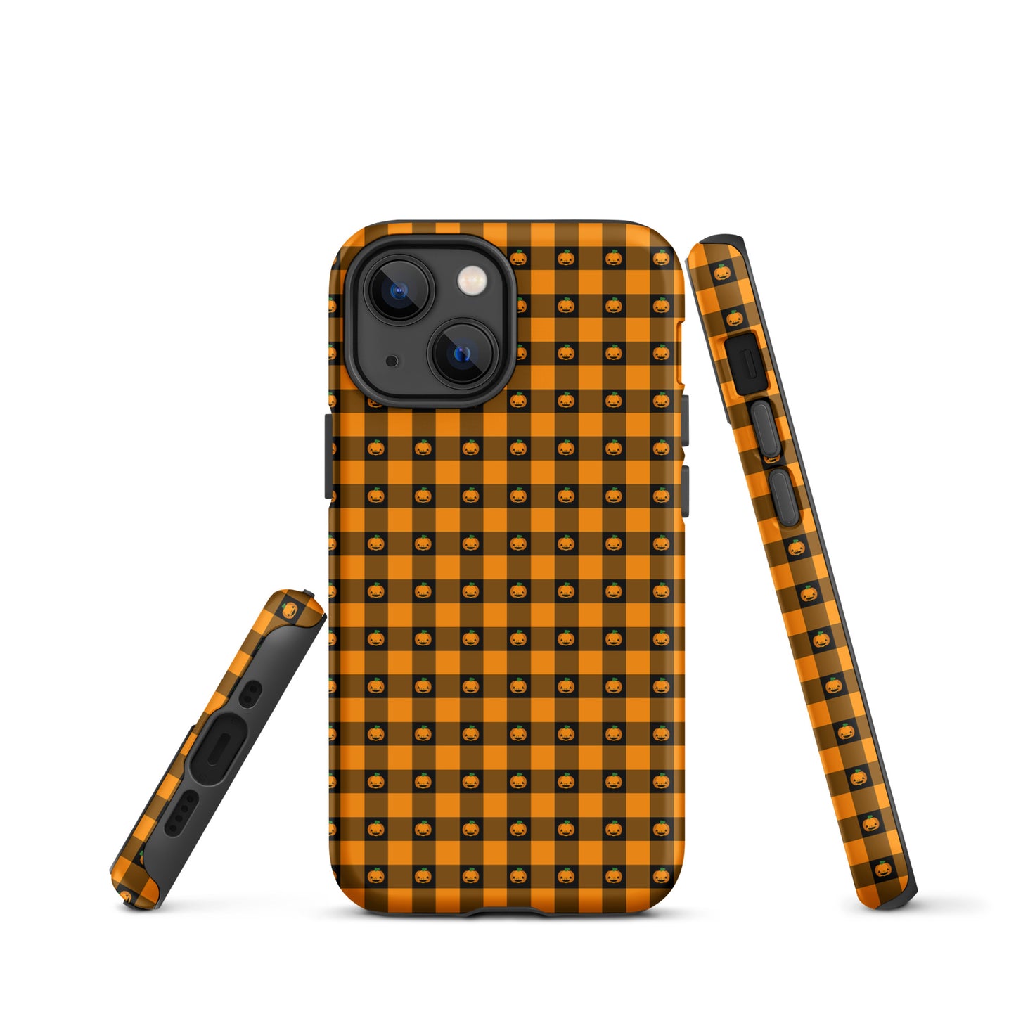 Phone Case for iPhone with playful pumpkin gingham Halloween design featuring jack-o’-lanterns on a bold orange and black checkered pattern.