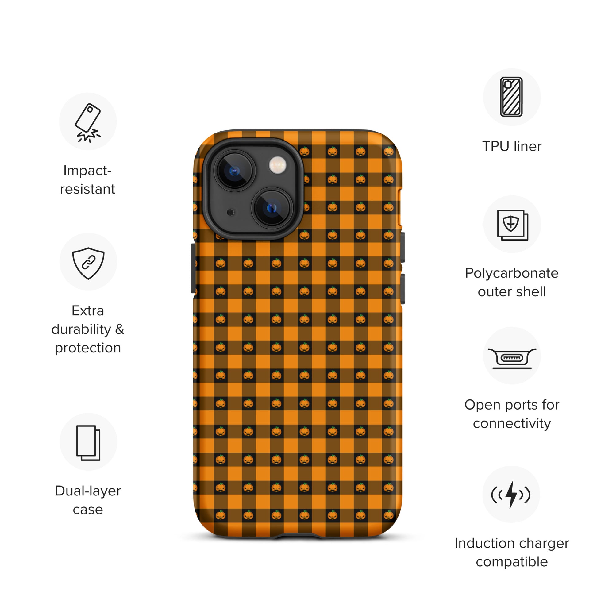 Phone Case for iPhone with Playful Pumpkin Gingham Halloween Design featuring orange and black checkered pattern with jack-o’-lanterns.