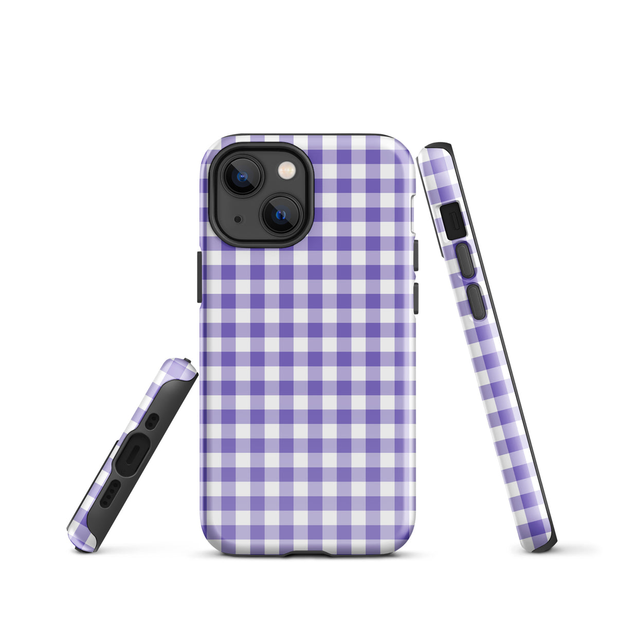 Phone Case for iPhone with purple and white gingham pattern, showcasing charming style and durable protection.