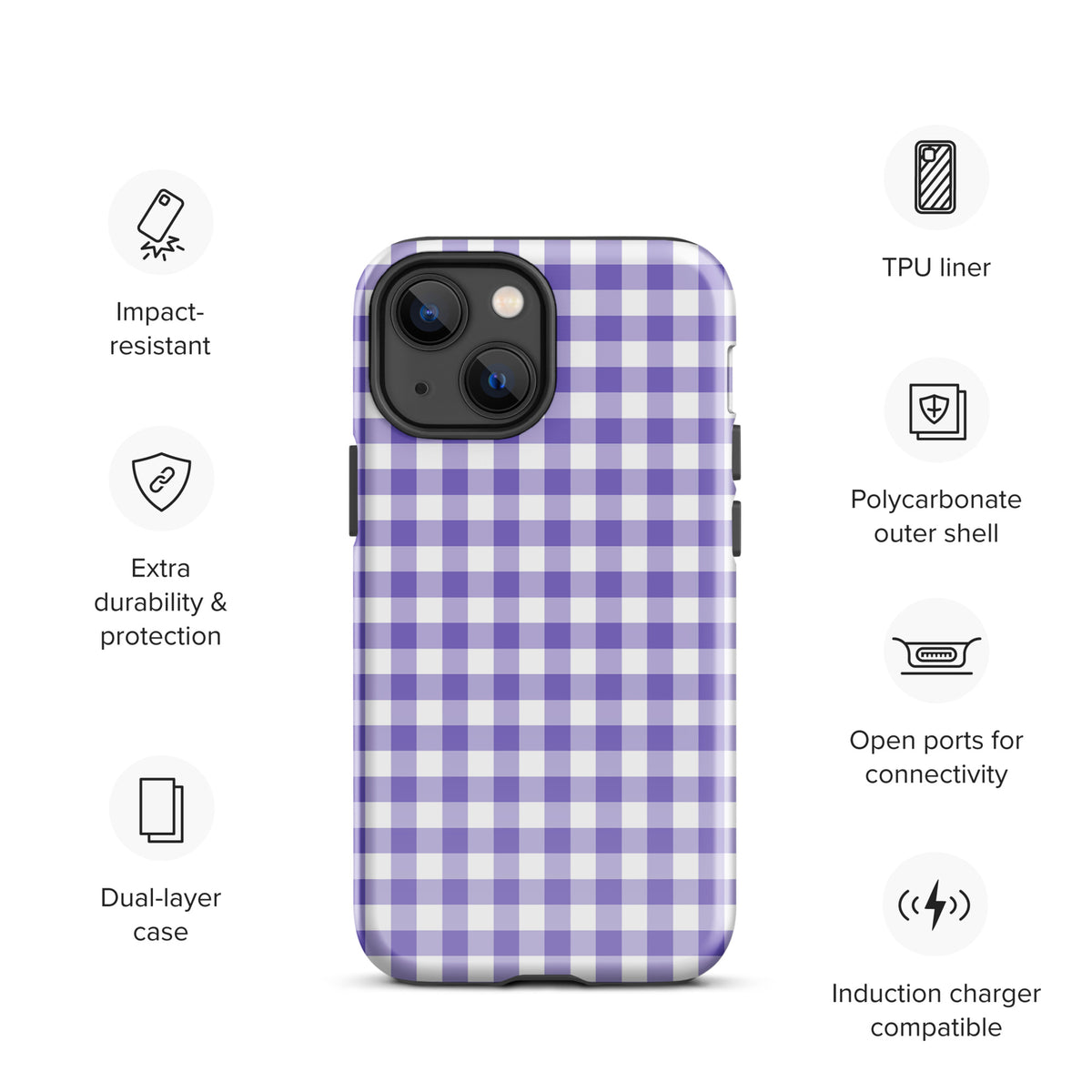 Phone Case in purple and white gingham pattern for iPhone, featuring impact-resistant, dual-layer design for extra protection and style.