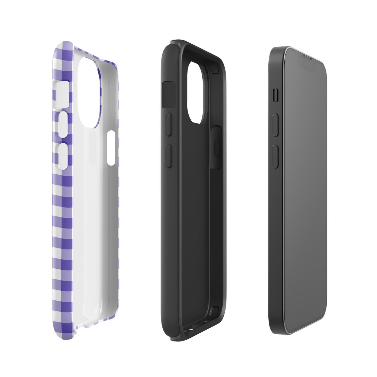 Phone Case for iPhone with purple and white gingham pattern, showcasing stylish design and durable protection in side and front views.