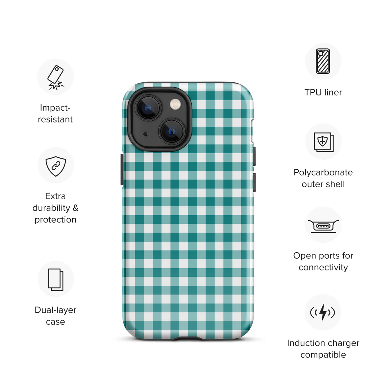 Phone Case for iPhone with teal and white gingham pattern, showcasing impact-resistant and durable protection features.