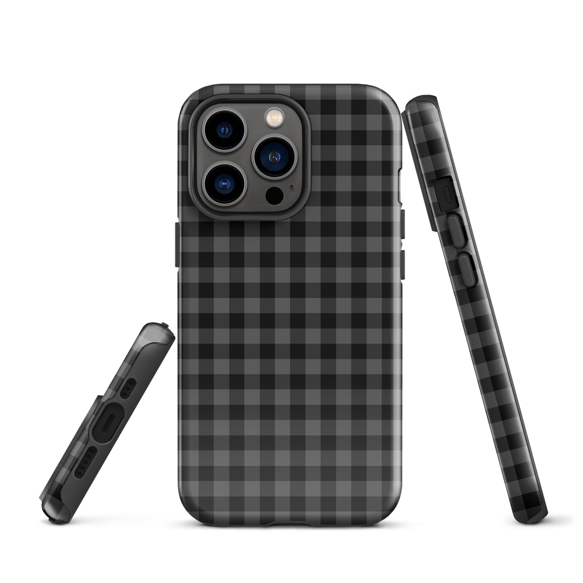 Phone Case with black and charcoal gingham pattern for iPhone, showcasing stylish design and durability.