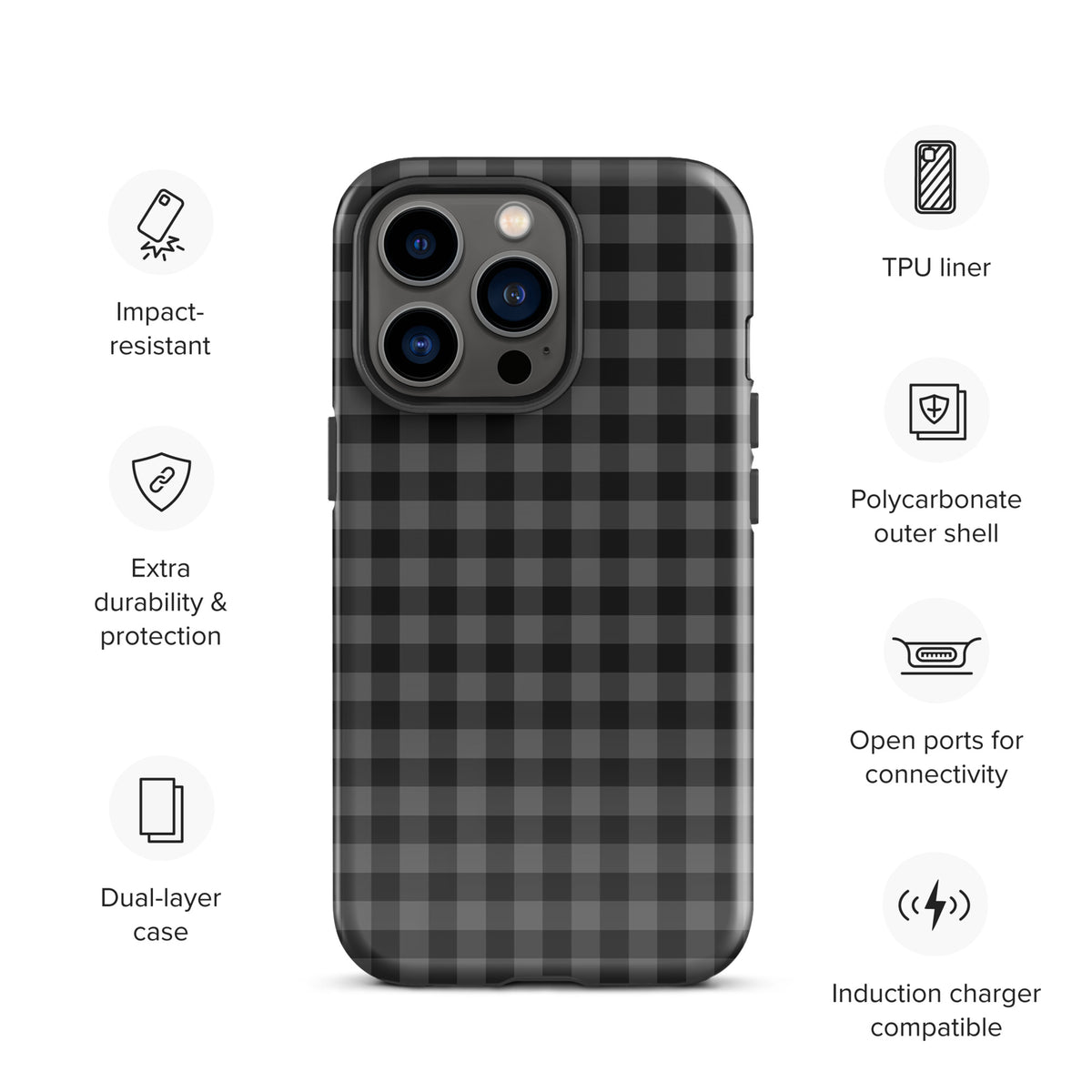 Phone Case for iPhone with black gingham pattern offering durability and protection, featuring TPU liner and polycarbonate shell.