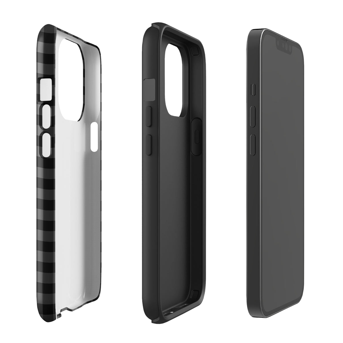 Phone Case with black and charcoal gingham pattern for iPhone, showcasing modern style and strong protection.
