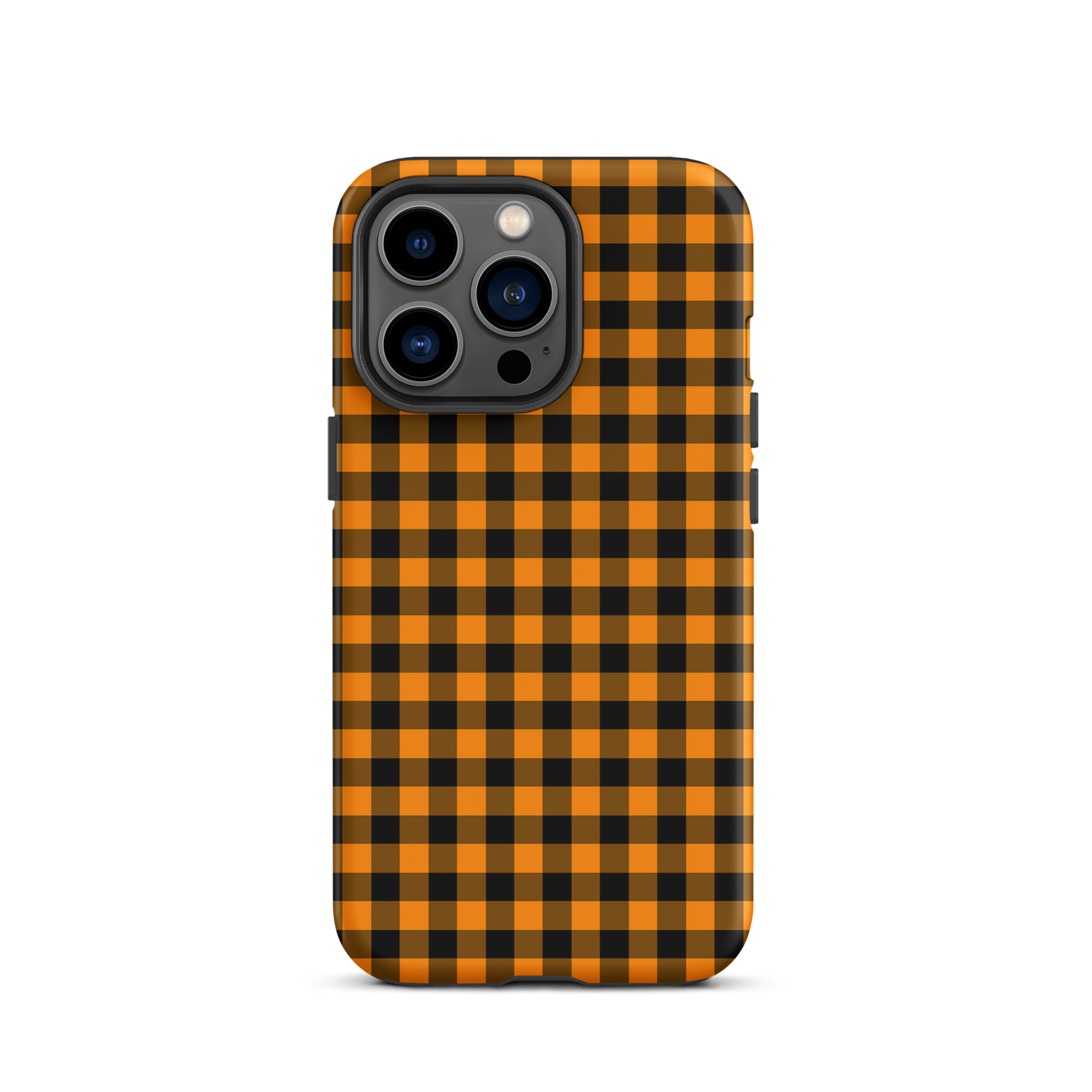 Phone case with black-and-orange gingham autumn theme for iPhone, showcasing stylish design and durable craftsmanship.