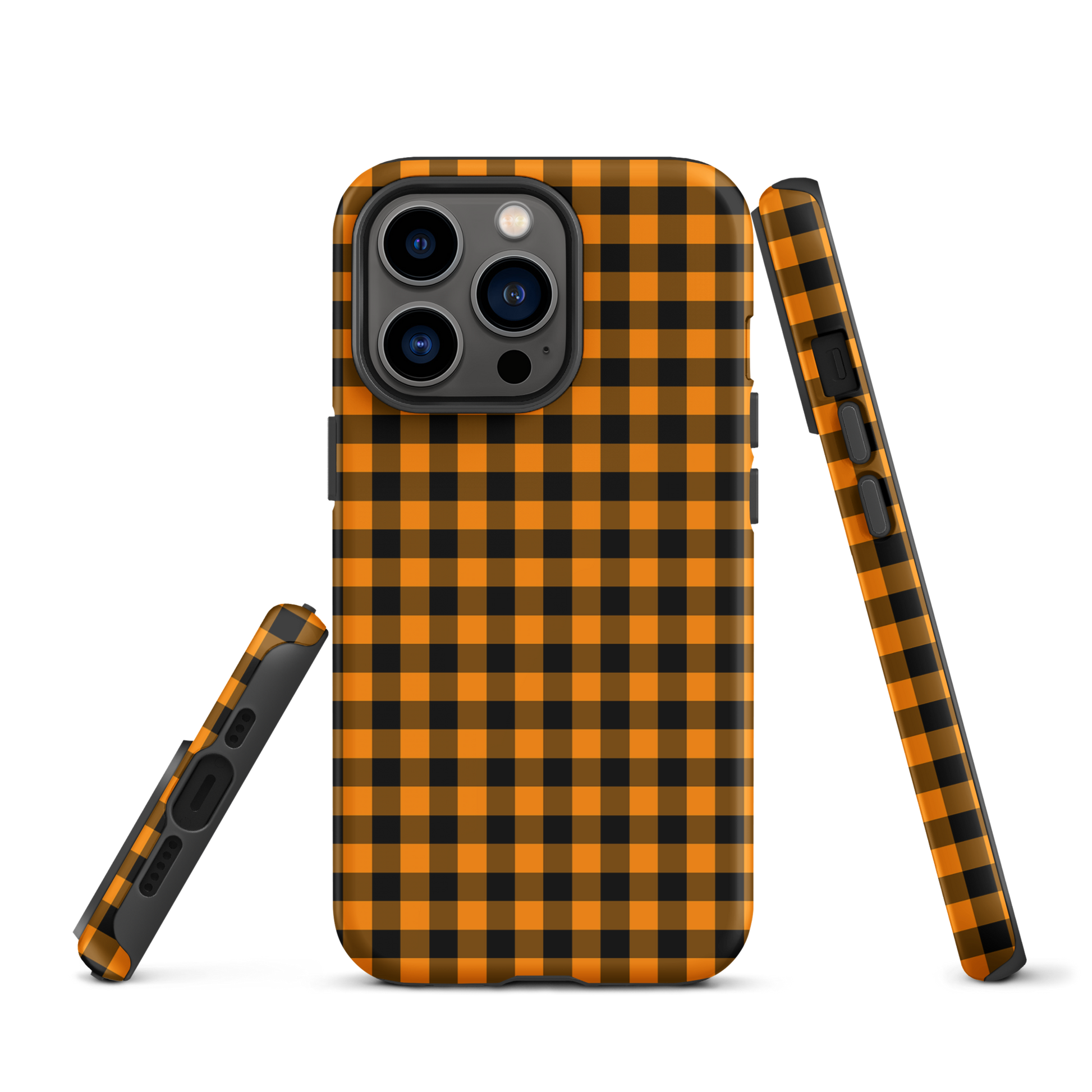 Black-and-orange gingham phone case for iPhone with autumn theme, showcasing stylish design and durable luxury.