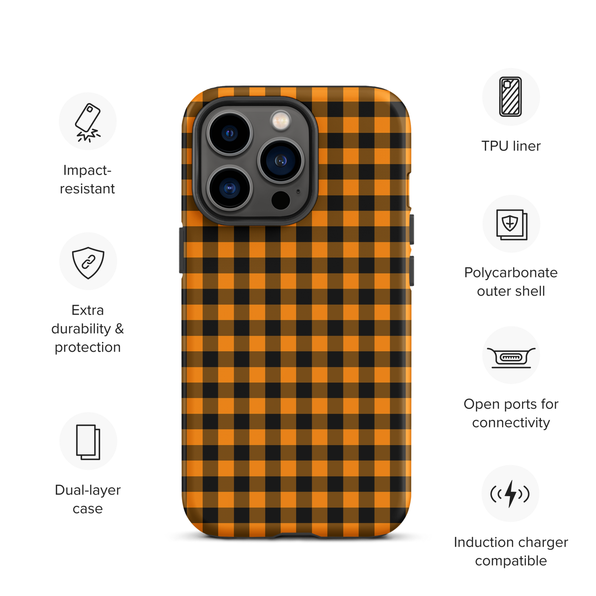Phone case with black-and-orange gingham pattern for iPhone, Autumn theme, stylish and durable, featuring chic accessory design.