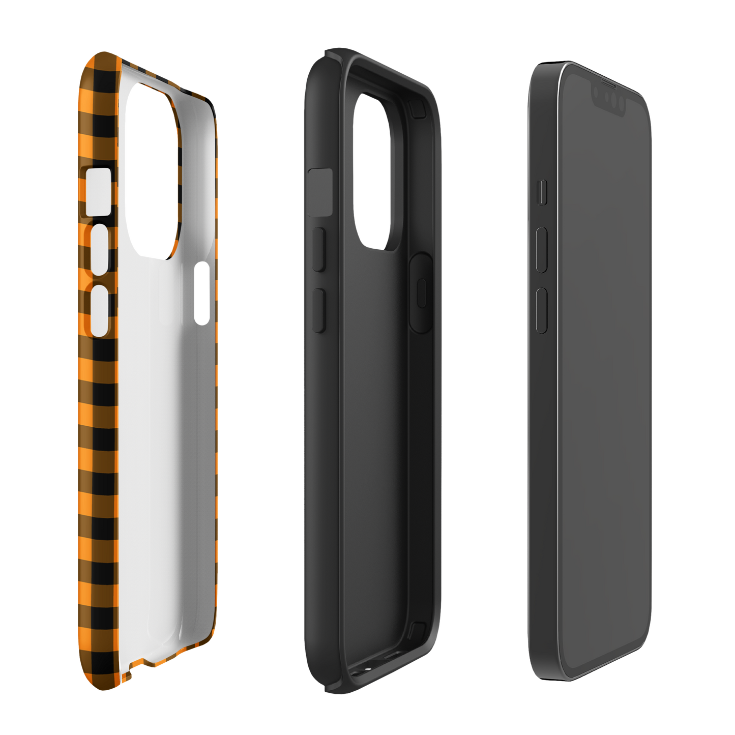 Black-and-orange gingham phone case for iPhone, showcasing durable and stylish autumn-themed design.