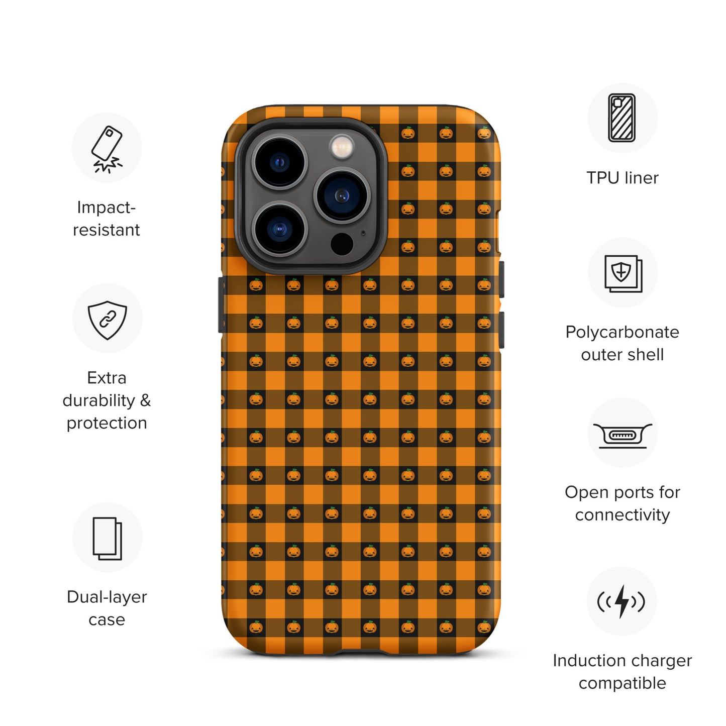 Phone Case for iPhone with Playful Pumpkin Gingham Halloween design, showcasing impact-resistant and dual-layered protection features.