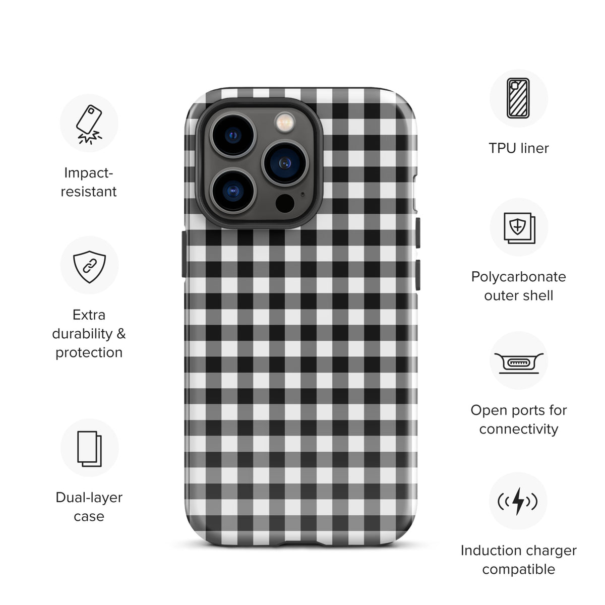 Phone Case for iPhone with black and white gingham pattern, featuring impact-resistant polycarbonate shell and TPU liner for durability.