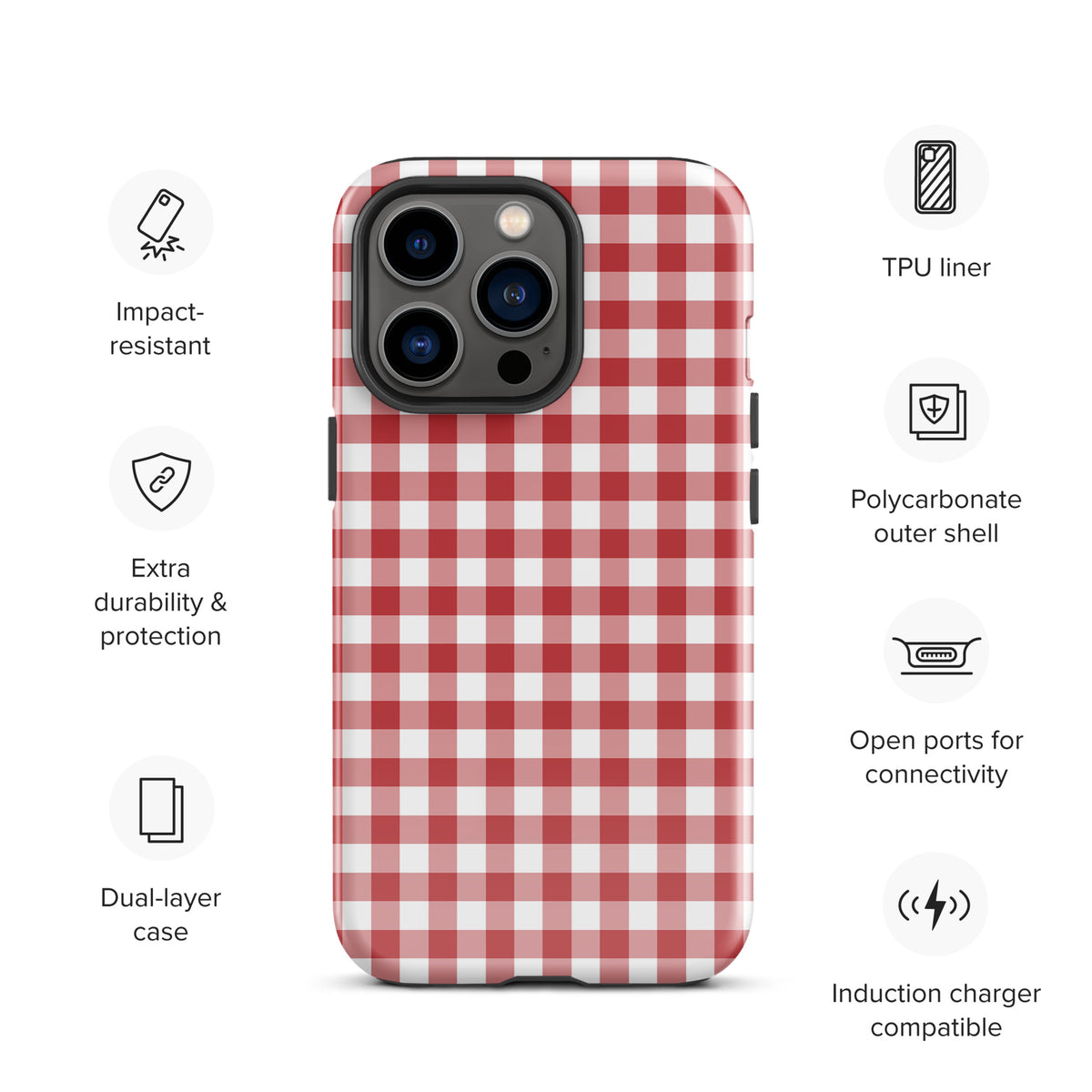 Phone Case with red-and-white gingham pattern, impact-resistant polycarbonate design for iPhone, combines style and protection.