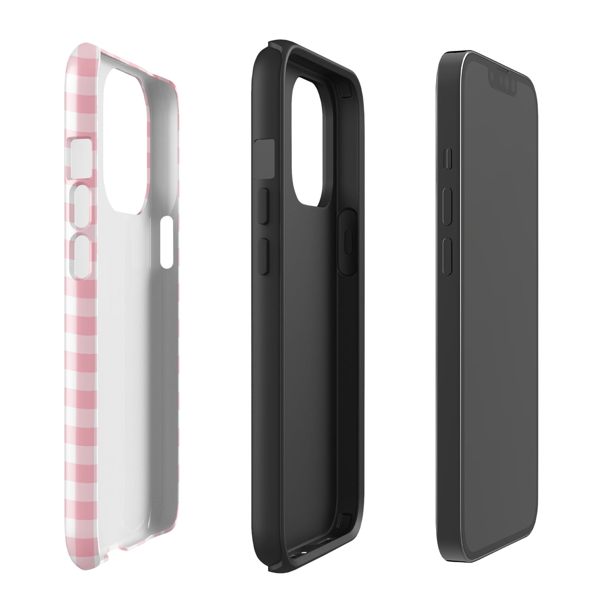 Phone Case for iPhone with pink and white gingham pattern, showcasing protective design and stylish charm in three views.
