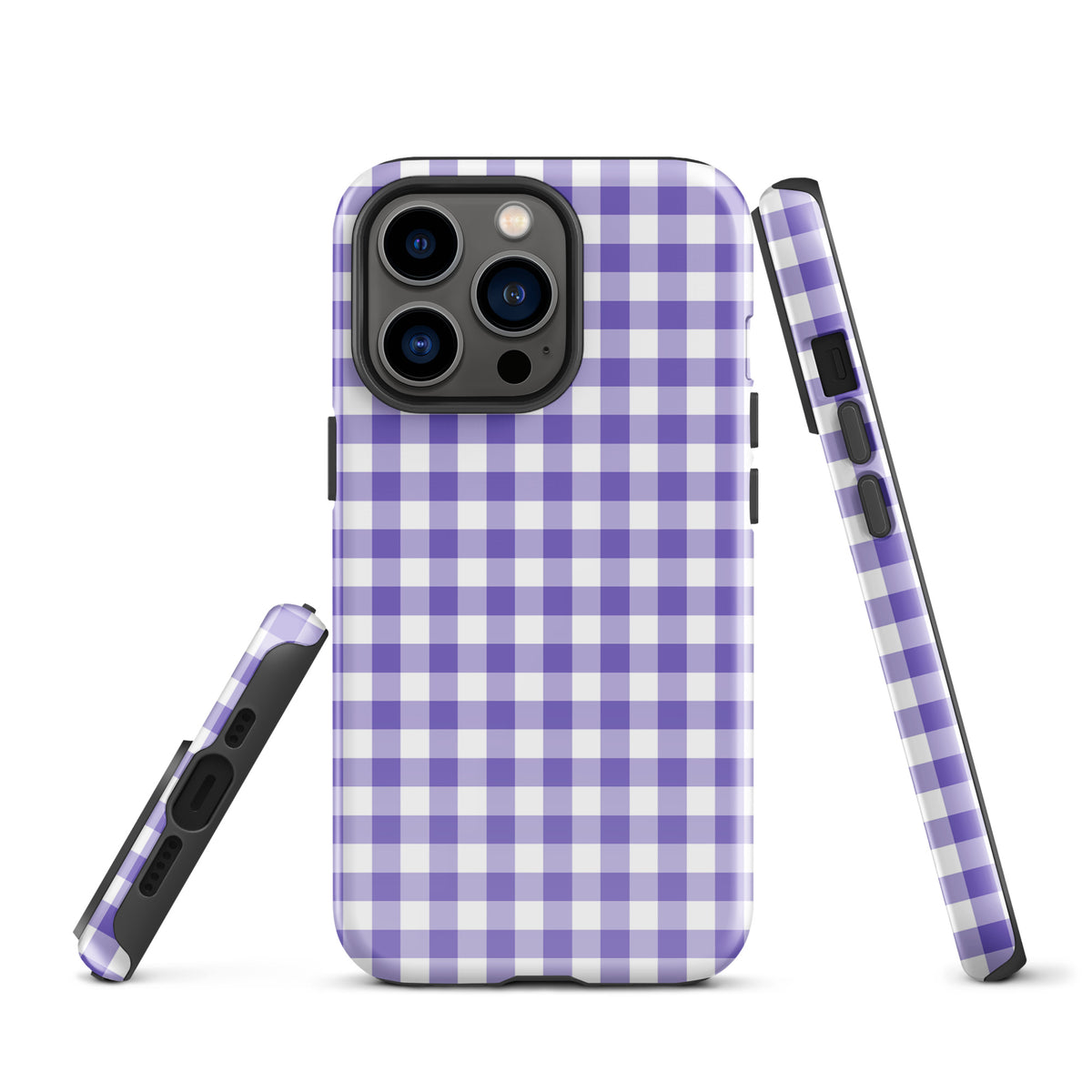 Phone Case for iPhone with purple and white gingham pattern, offering style and protection.