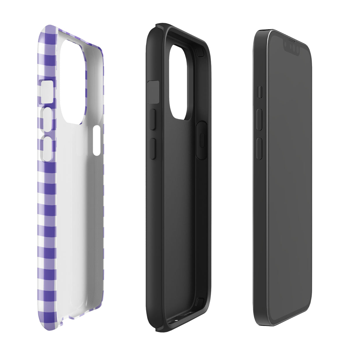 Phone Case for iPhone with purple and white gingham pattern showcasing protective design