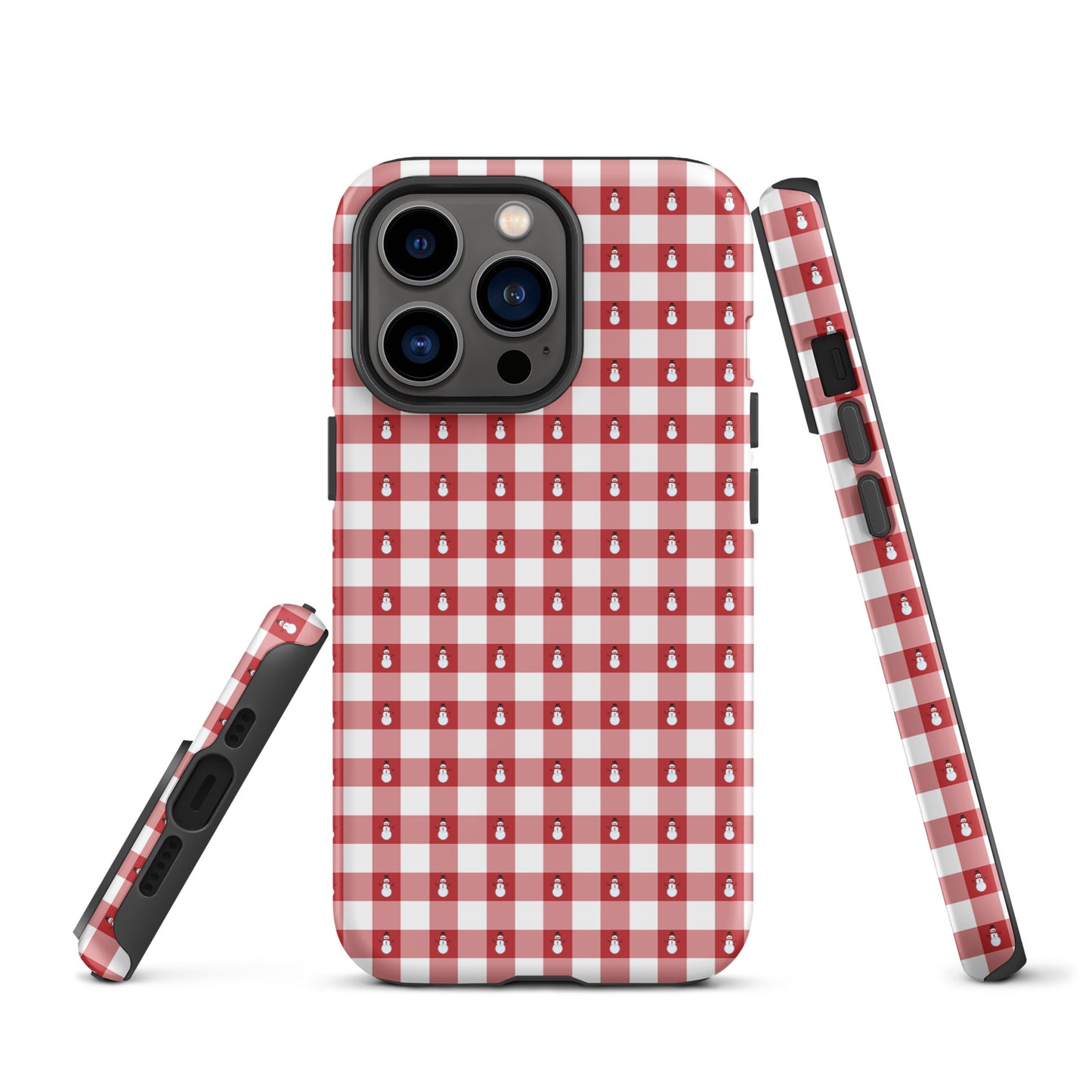 Phone Case for iPhone with red and white gingham pattern and snowmen design, offering festive winter style and protection.