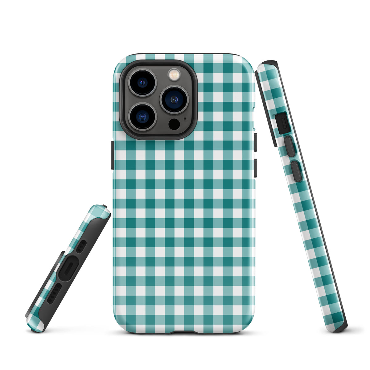 Phone Case for iPhone with teal/white gingham pattern showcasing chic style and protection.