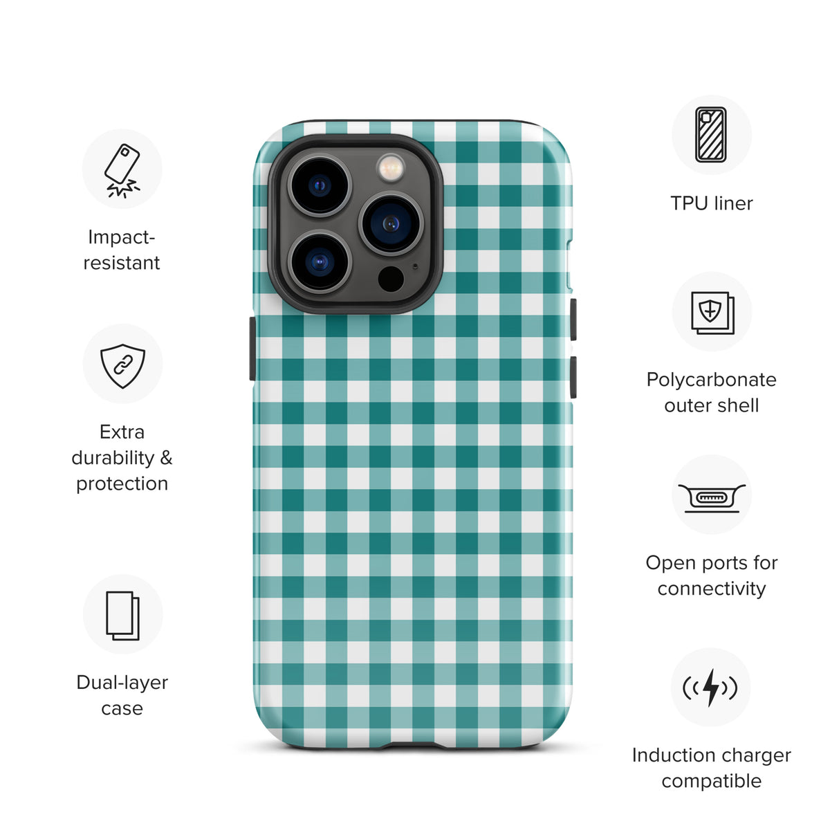 Phone Case for iPhone with teal and white gingham pattern, showcasing durability and style, compatible with induction charging.