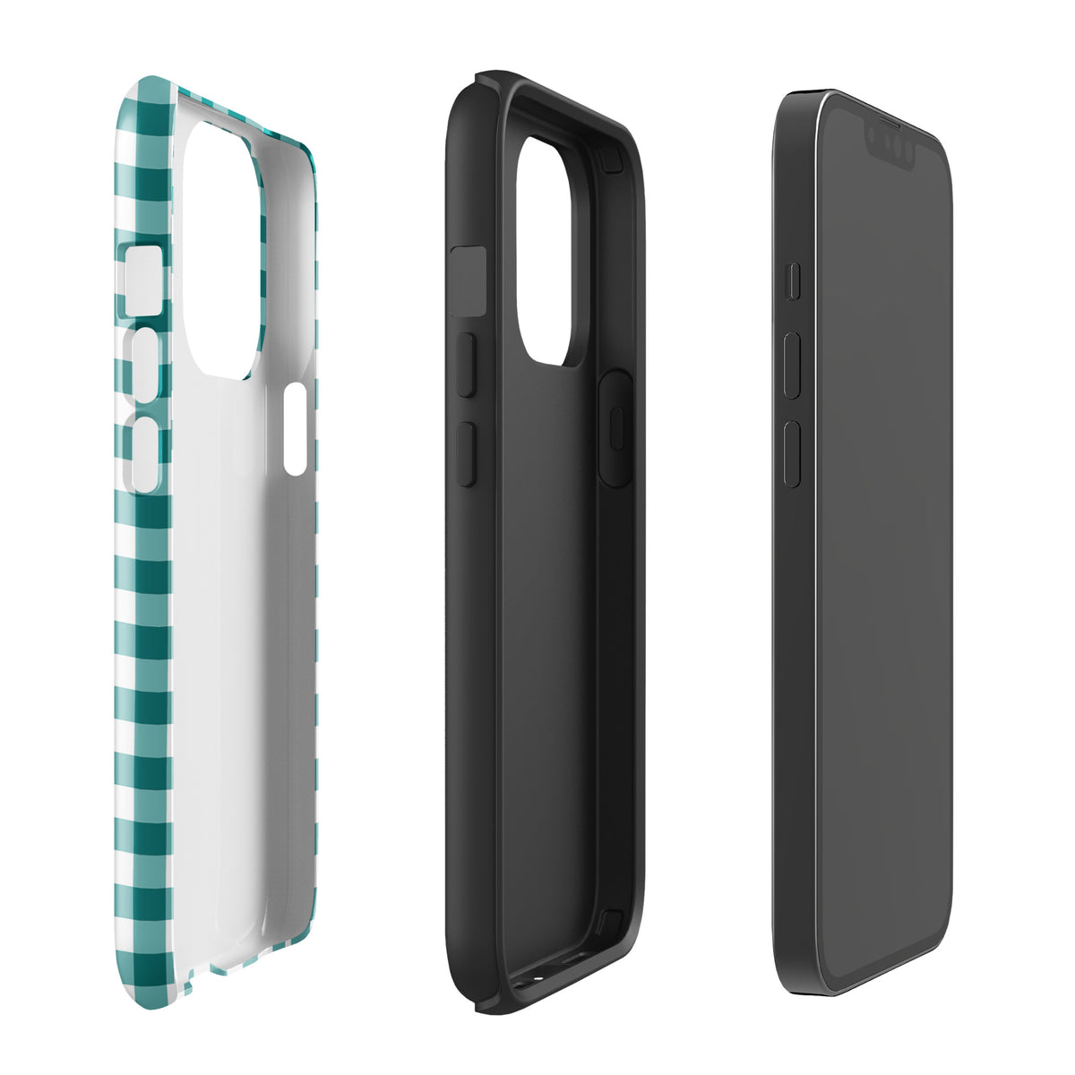 Teal and white gingham Phone Case with durable protection for iPhone, stylish design on display.