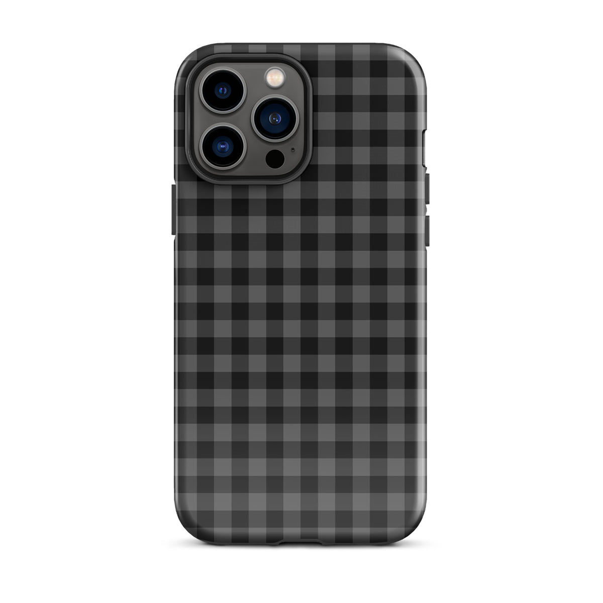 Phone Case with black and charcoal gingham pattern, iPhone compatible, stylish and durable design for modern charm.