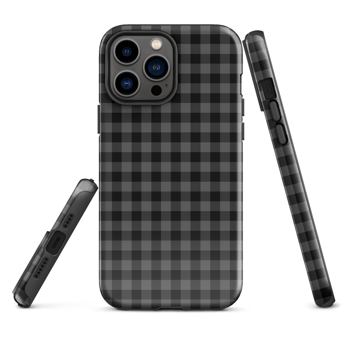 Phone Case for iPhone with black and charcoal gingham pattern, showcasing modern style and durable protection