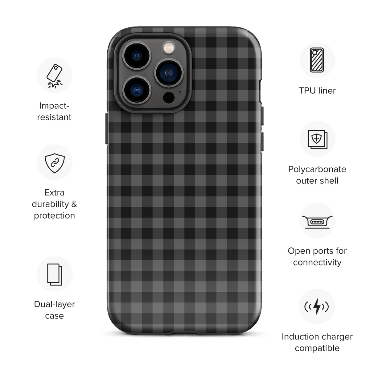 Phone Case with black and charcoal gingham pattern for iPhone showcasing modern design and durability features.