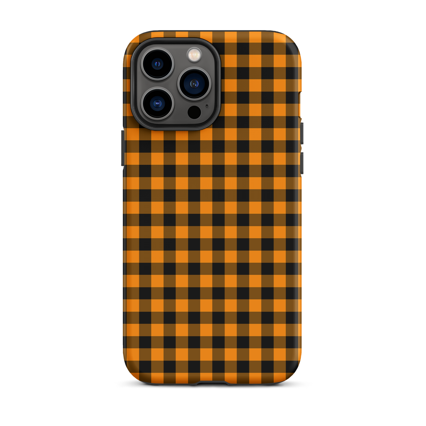 Phone case with black-and-orange gingham pattern, perfect for iPhone. Autumn theme accessory providing style and durability.